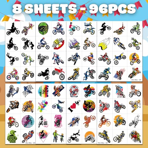 Dirt Bike Temporary Tattoos - 96 PCS for Kids Birthday Parties