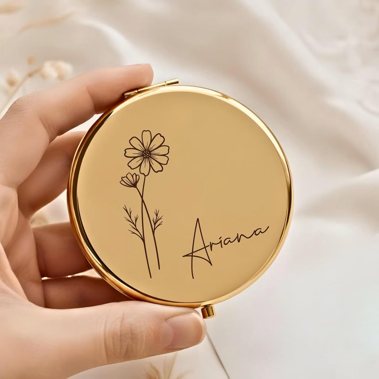 Personalized Travel Mirror - Birth Flower & Name | 2x/1x Magnifying Compact Makeup Gift for Bridesmaid, Mother, Nurse