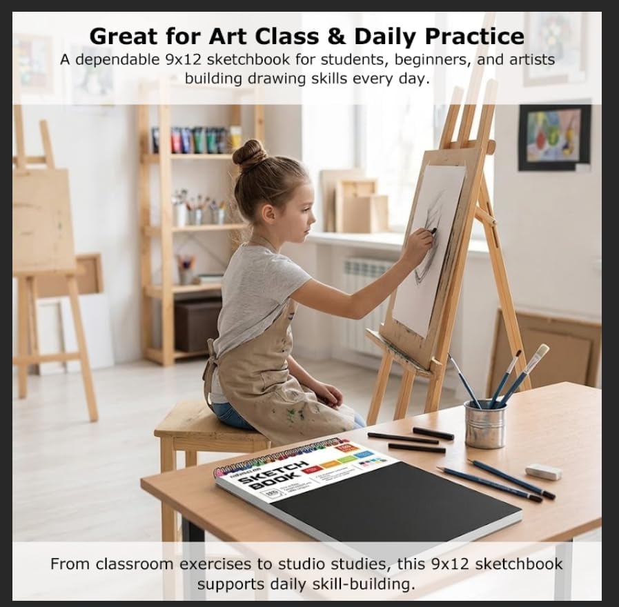 Soucolor Sketch Book - 9" x 12" Top Spiral Bound, 100 Sheets Acid-Free Drawing Paper | Ideal for Kids, Adults & Artists