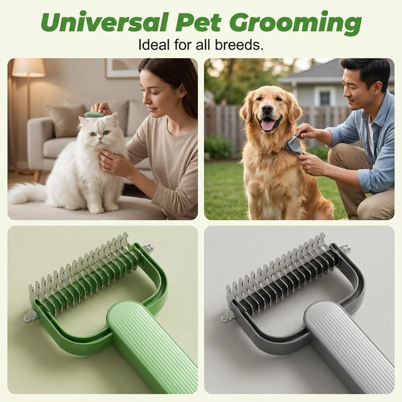 Universal Pet Detangling Comb - Professional Dematting & Undercoat Rake for Dogs & Cats | Gentle Grooming Brush (Green)