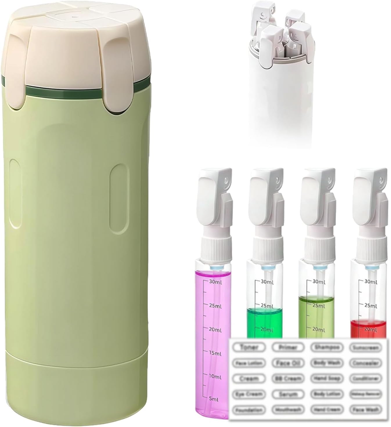 Travel Pump Dispenser Bottles - 4 in 1 Leak-Proof 30ML Containers with Measurement Scale & Labels | Green