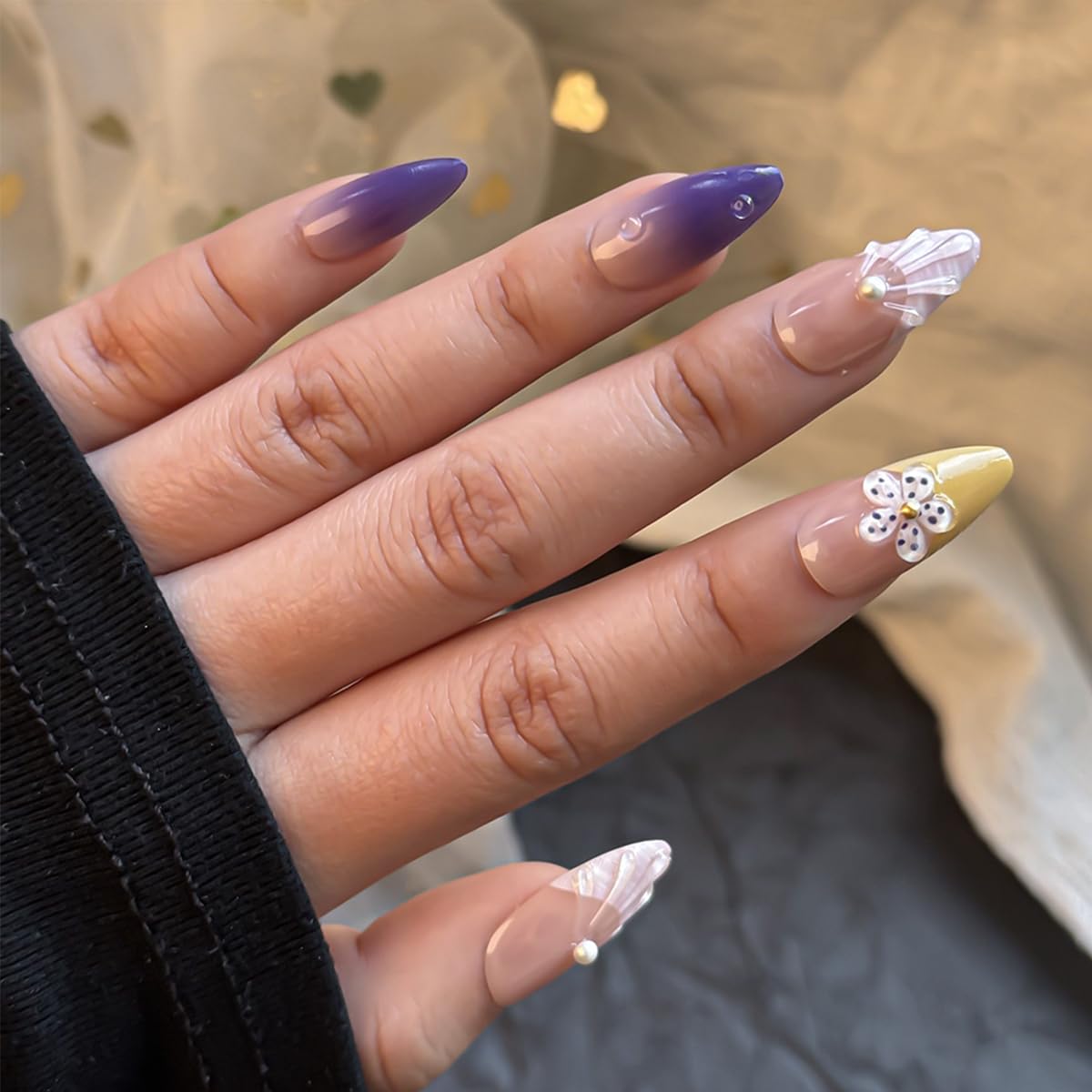 24Pcs Flower Press on Nails Medium Almond Fake Nails Spring Summer Full Cover Glue on Nail French Tip False Nails With Gold Bead Starfish Shell Designs Cute Floral Stick on Nail for Women Acrylic Set