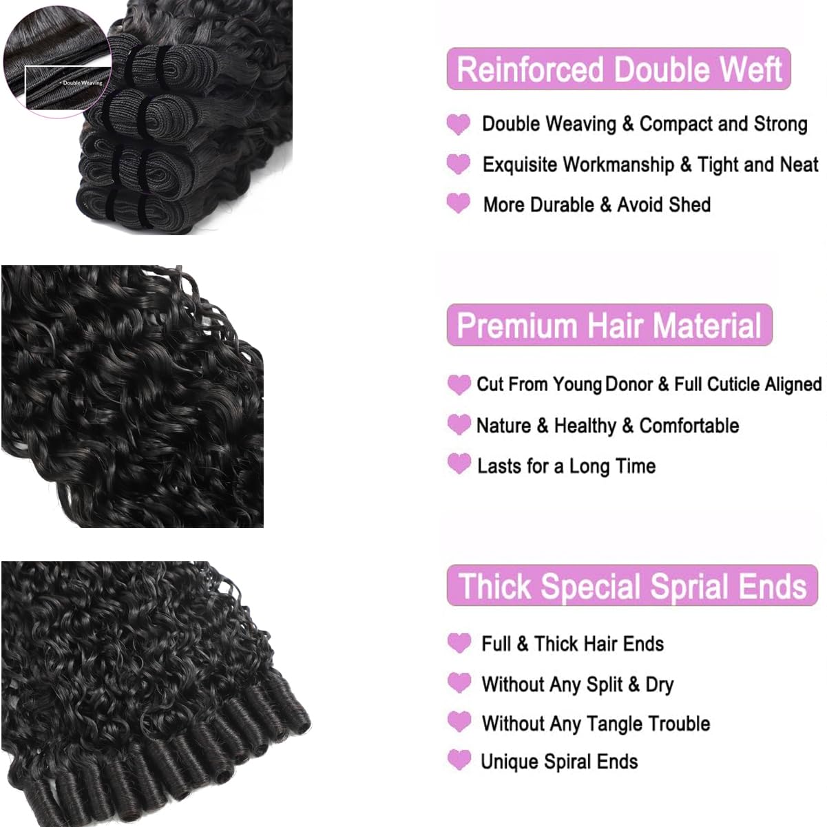 Burmese Curly Bundles Human Hair 20 22 24 Inch 3C4A 100% Unprocessed Raw Virgin Human Hair for Black Women Natural Black 12A Water Wave Double Weft with Spiral Curly End (3 Bundles)