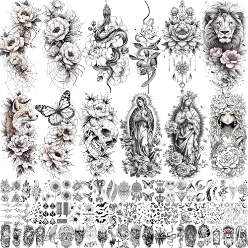 SELIDODO Black Flower 75 Sheets Realistic 3D Temporary Tattoos for Women & Girls - Guadalupe Virgin Mary Lotus Snake Peony Floral Designs