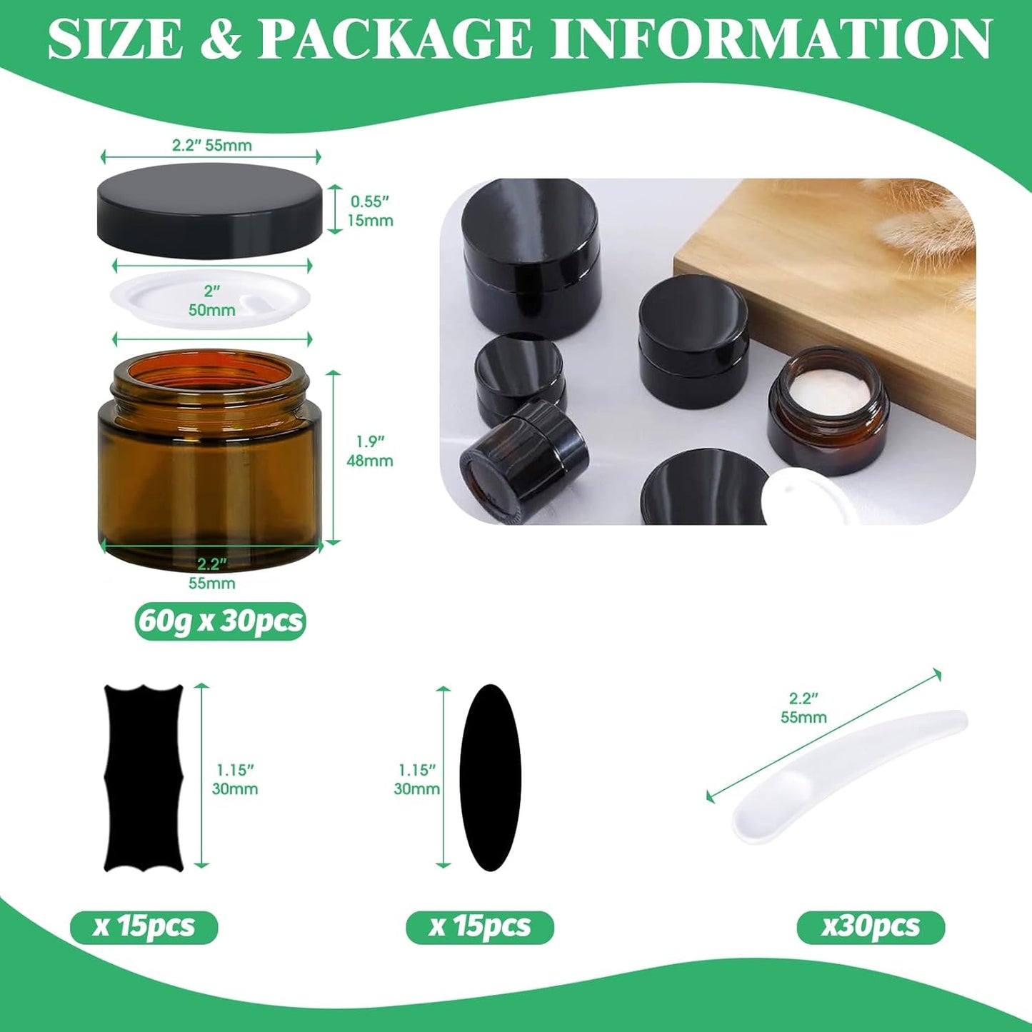 Amber Glass Jars Set - 120 Pcs 60g with Black Lids, Inner Liners & Labels for Scrubs, Lotions & Bath Salts