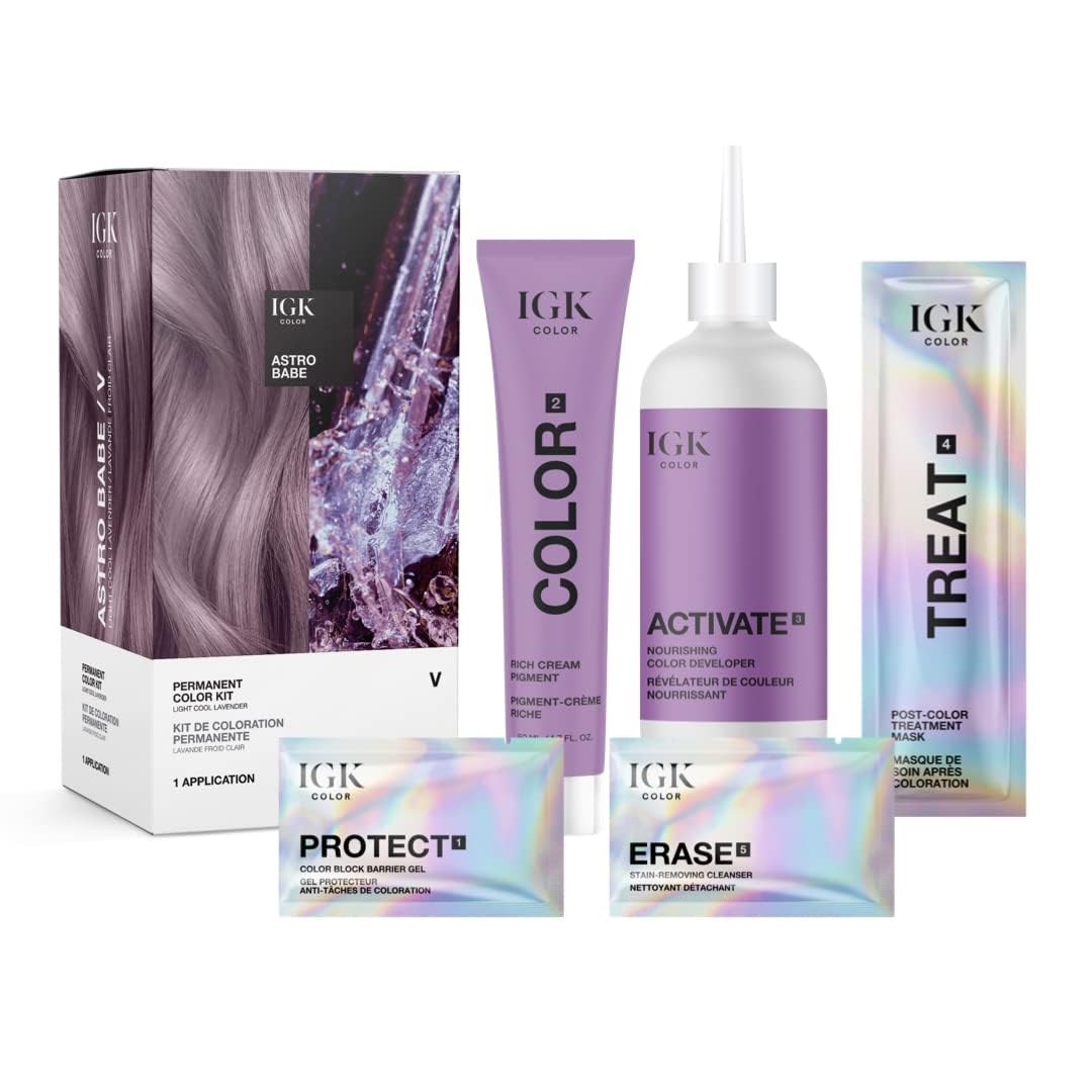 IGK Permanent Hair Dye Color Kit - V Astro Babe Light Cool Lavender | 100% Gray Coverage, Strengthens & Adds Shine
