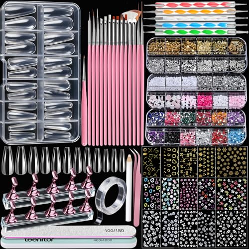 Teenitor Acrylic Nail Kit with Clear Coffin Tips & Charms