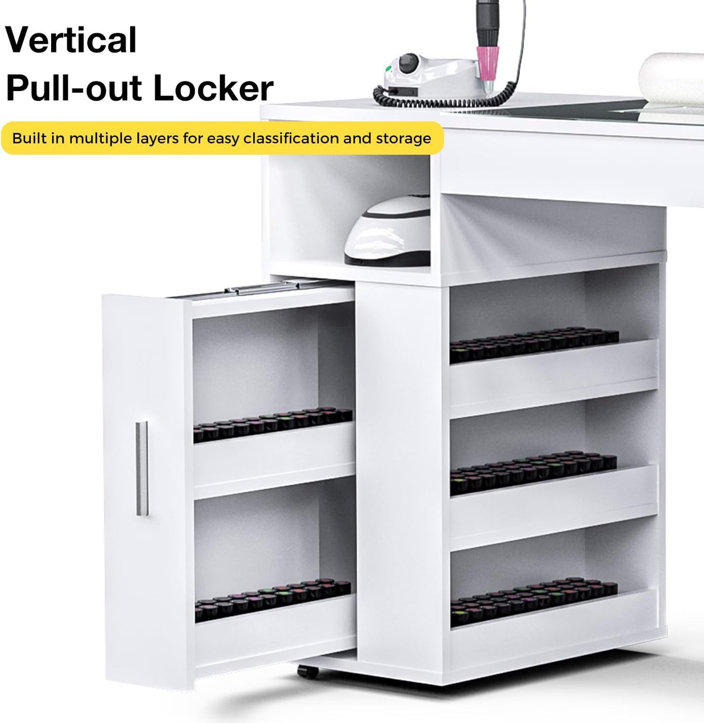 Nail Tech Manicure Table - Acetone Resistant Glass Top & Wrist Rest | White Workstation with Storage Drawers & 4 Dust Bags