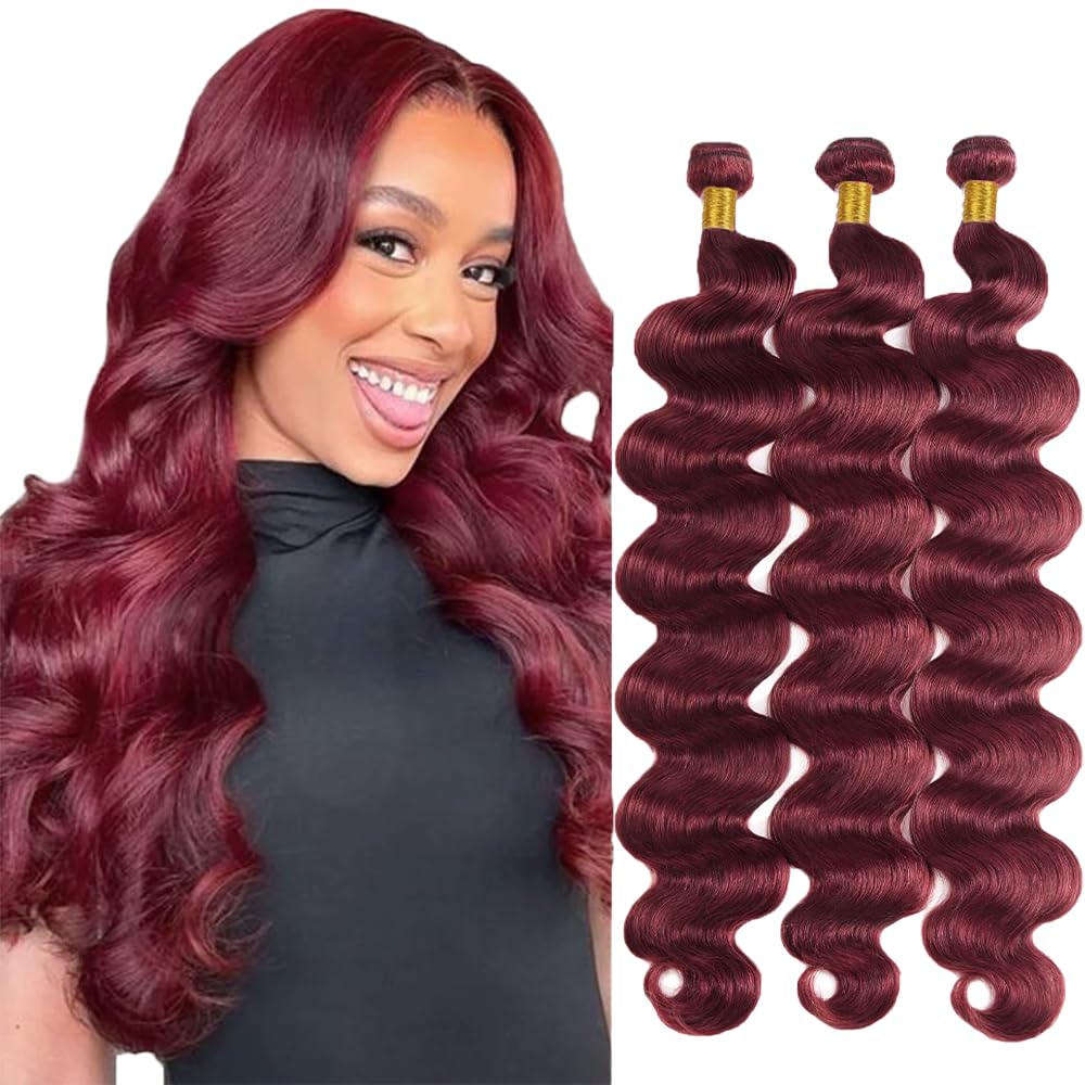 HeioWuio 18 20 22 Inch #99J Burgundy Bundles Body Wave 3 Bundles Human Hair Brazilian Remy Hair 100 Grams/Bundle Unprocessed Virgin Hairs Wine Red Color Body Wave Bundle Weaves Extensions