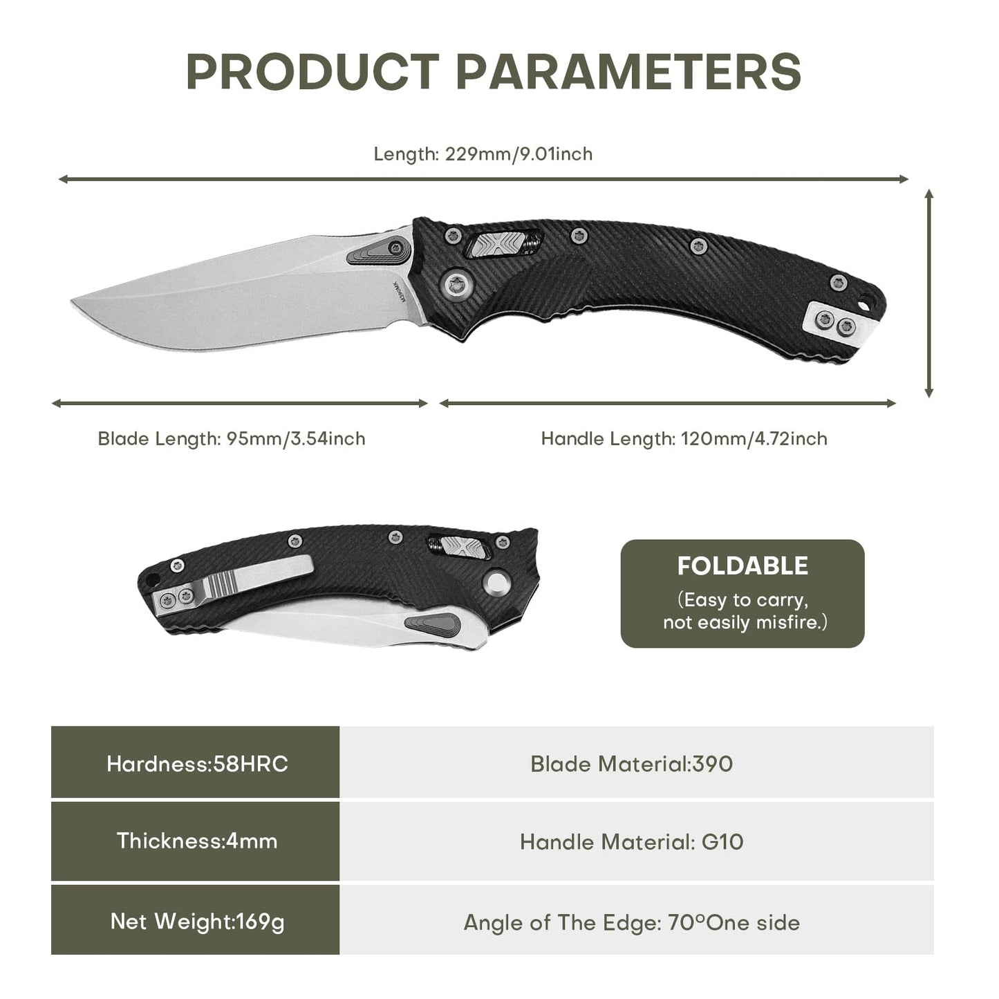 Folding Pocket Knife for Men, M390 3.7" Blade with G10 Handle and Crossbar Lock, EDC Knife for Camping, Hiking, and Outdoor Gifts for Him (Black)