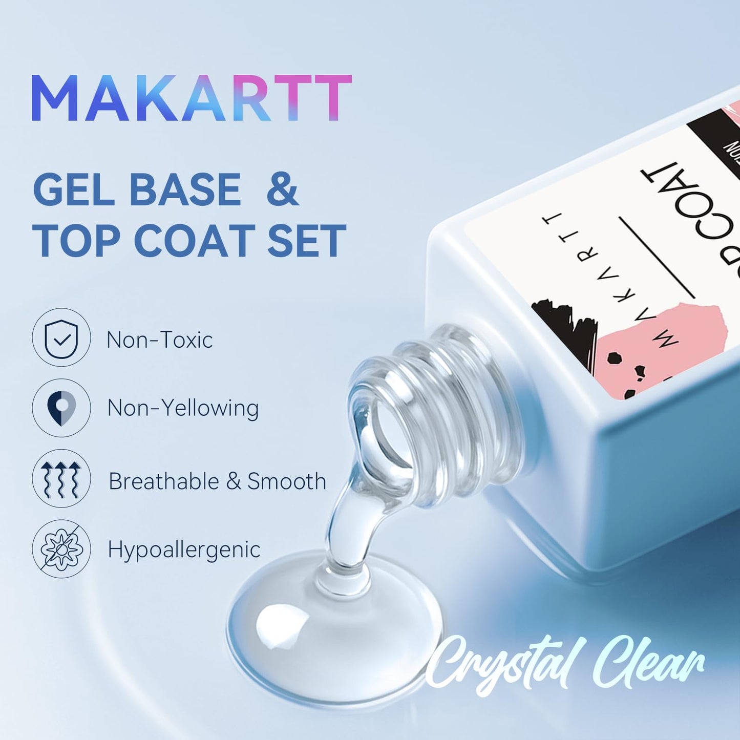 Makartt 2 Pcs Gel Top Coat and Base Coat Set - No Wipe Shine Finish Soak Off Base Top Coat Long Lasting for Gel Nail Polish, LED UV Lamp Needed, Salon Quality Nail Manicure Spring Gifts, 10ML
