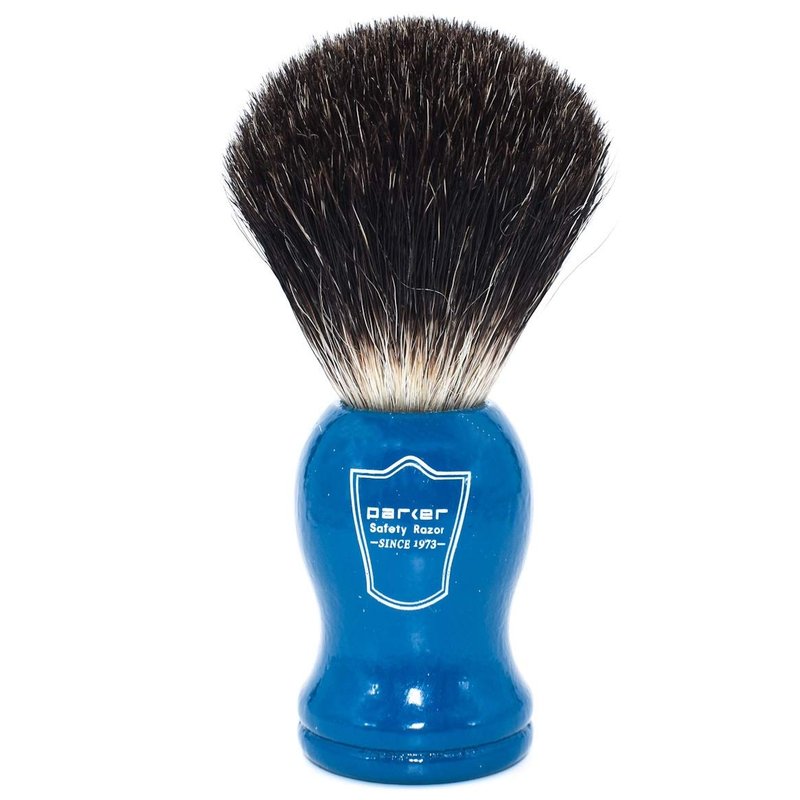 Parker 100% Black Badger Shaving Brush with Blue Wood Handle & Stand – Premium Wet‑Shaving Lather Brush for Men