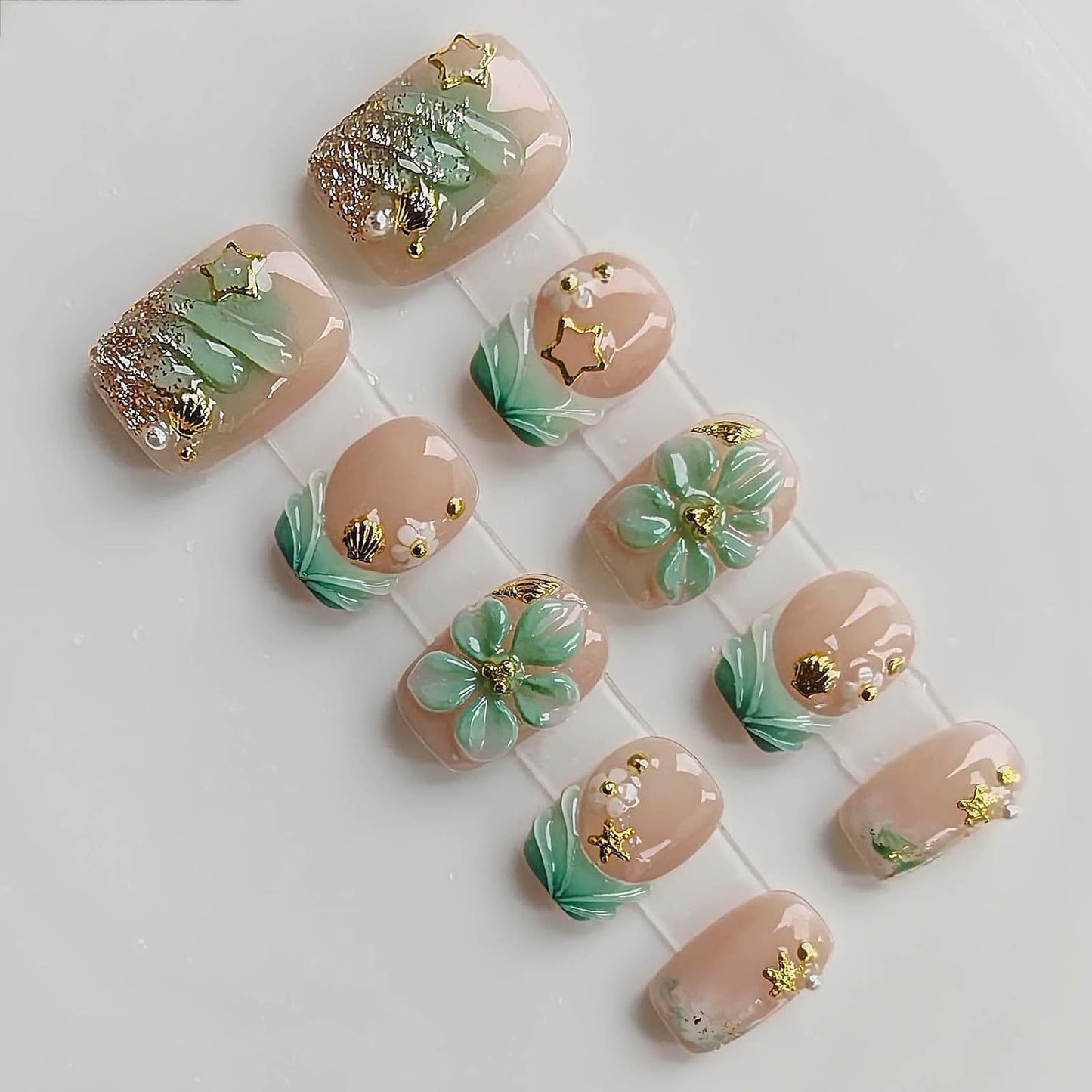 Pink Press On Nails - Handmade Short Square Style | M Size Daily Wear Y2K Cute French Design with Polka Dot & 3D Flowers - 10 Pcs