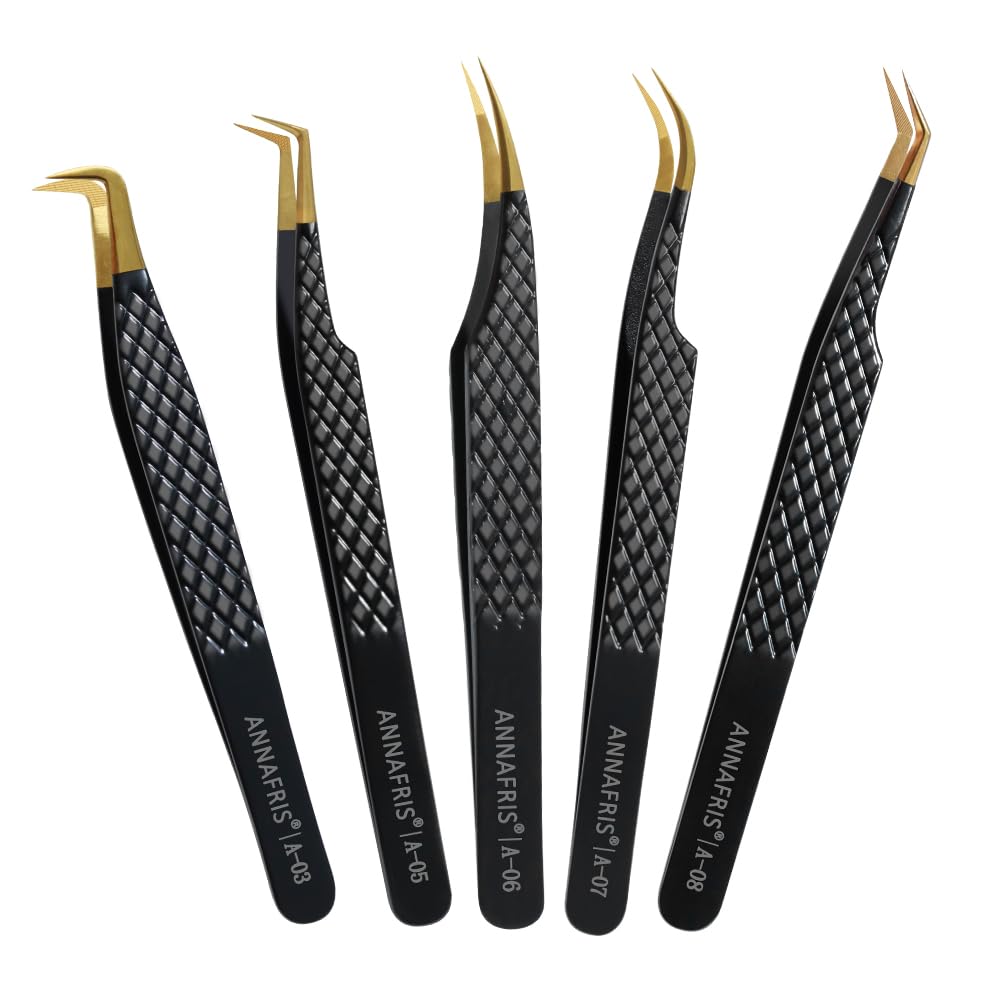 ANNAFRIS Lash Tweezers for Eyelash Extensions,Precision Fiber Tip for Volume Eyelash Extensions,Lash Extension Tweezers for Easy Application and Removal-A03+05+06+07+08