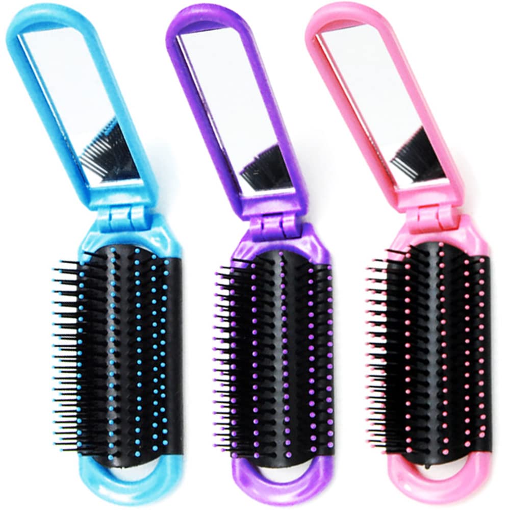 Mini Folding Mirror Detangler Hair Brush - 3 Pack | Portable Comb for Adults & Kids
