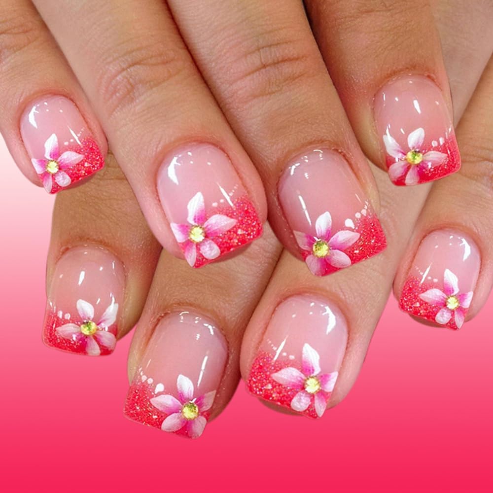 Colorful Gradient Press-On Nails | Medium Coffin Shaped Acrylic Nail Art - 24 Pcs with Rainbow Designs