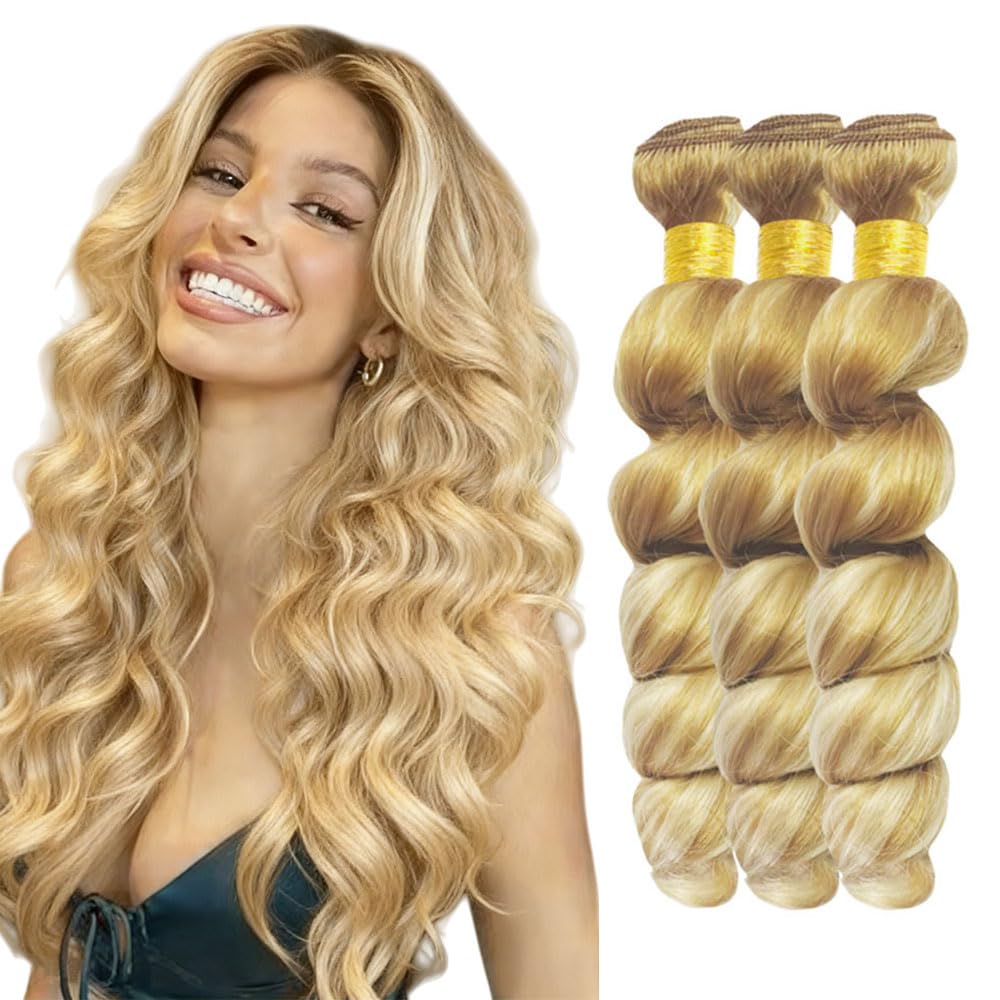 P27/613 Blonde Bundles Human Hair Loose deep wave Bundles 12 14 16 Inch Highlight Honey Blonde Loose Wave Bundle Unprocessed Brazilian Virgin Weave Hair 3 Bundle 50 Gram Per Bundle