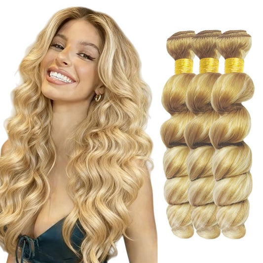 P27/613 Blonde Bundles Human Hair Loose deep wave Bundles 12 14 16 Inch Highlight Honey Blonde Loose Wave Bundle Unprocessed Brazilian Virgin Weave Hair 3 Bundle 50 Gram Per Bundle