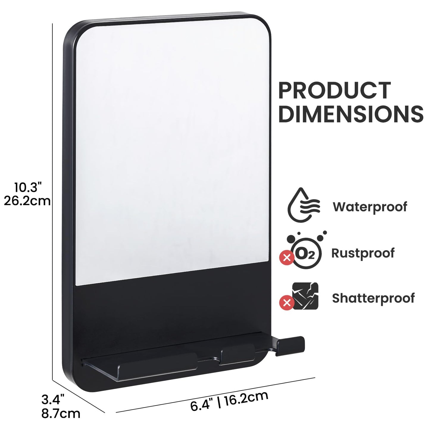 TAILI Fogless Shower Mirror, Anti-Fog with Razor Holder, Suction Shaving Mirror with Storage Tray, Rust-Proof, Shatterproof, Removable for Bathroom, Shower Accessories, Black