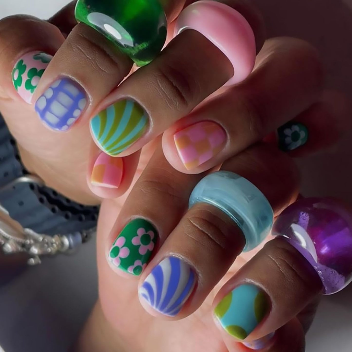 Colorful Press-On Nails - 24Pcs Short Square Acrylic Nails with Flower & Stripe Designs | Glossy Full Cover