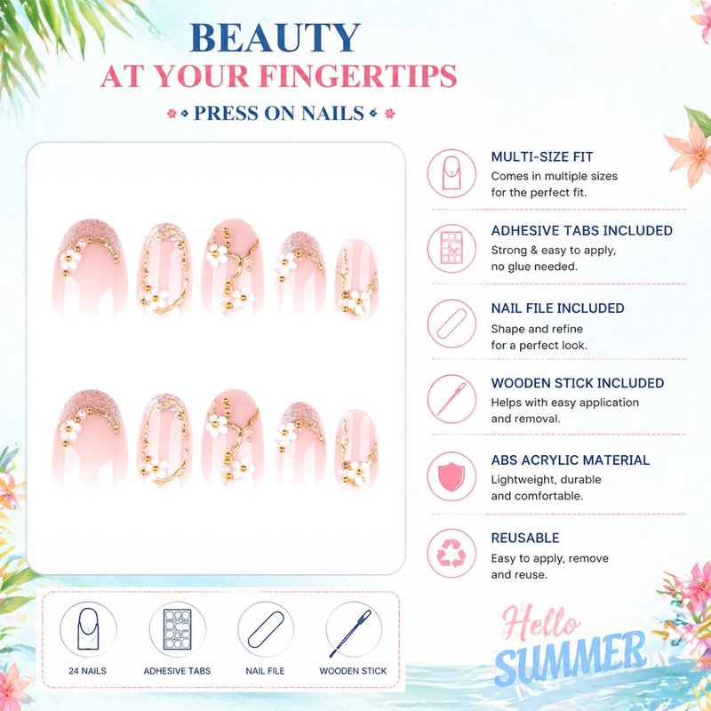 Almond Press-On Nails - Short 3D Floral & Gold Glitter Design | Nude Pink Full Cover Reusable Acrylic - 24 Pcs