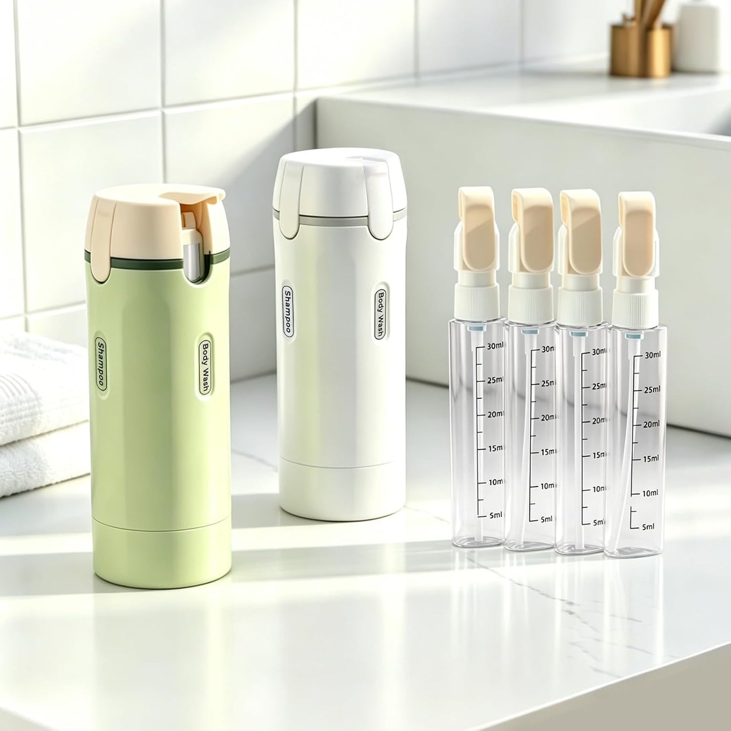Travel Dispenser Bottle Set - 4-in-1 Leakproof Rotatable Pump for Toiletries | TSA Approved, 4x30ml (Green)