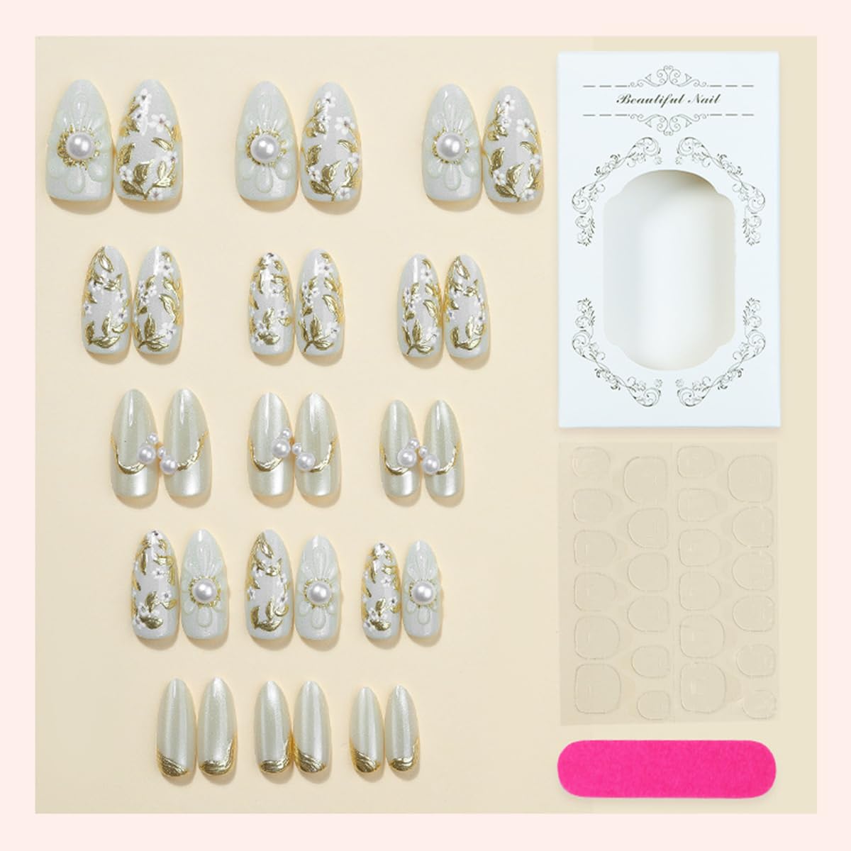 Handmade Press-On Nails - 30 Pcs Medium Almond Shape 3D Flower Design | Reusable Acrylic in Nude & White