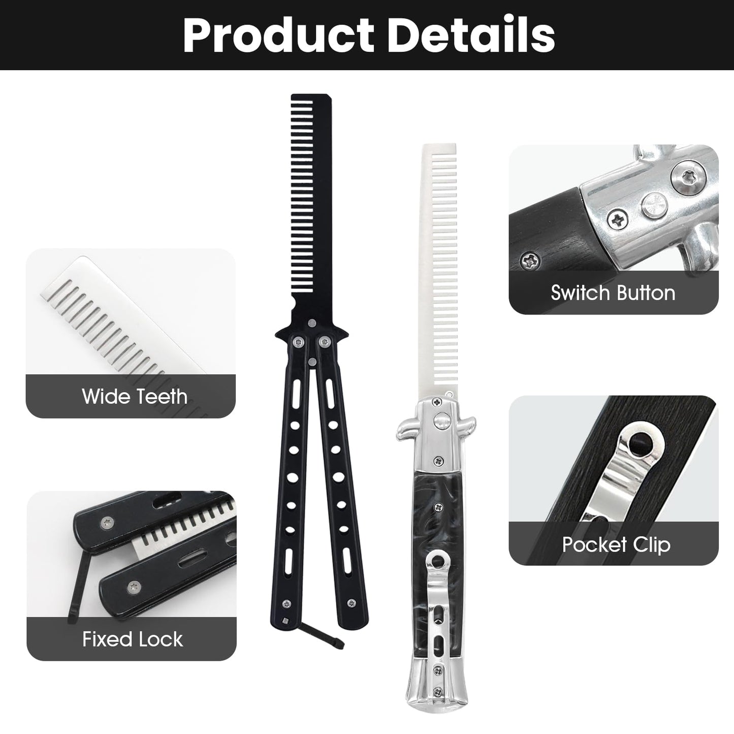 2 Pieces Black Folding Combs, Stainless Steel Automatic Butterfly Comb, Pocket Comb for Hair & Beard Styling