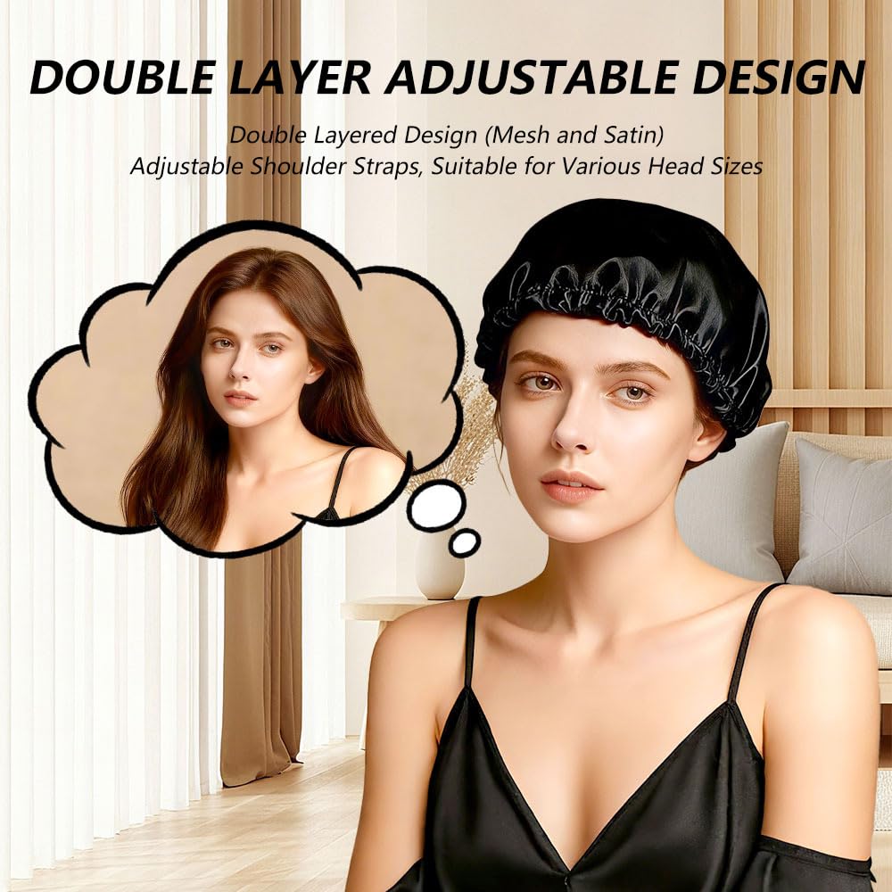 Wrap Cap Hair Net, 2 in 1 Silk Press Bonnet for Women, Adjustable Satin Doobie Wrap for Long Curly Hair Black