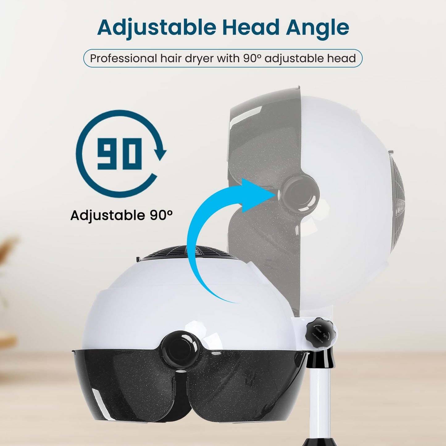 Hooded Hair Dryer, Professional Hood Dryer on Wheels, Sit Under Dryer, Standing Hair Dryer, White