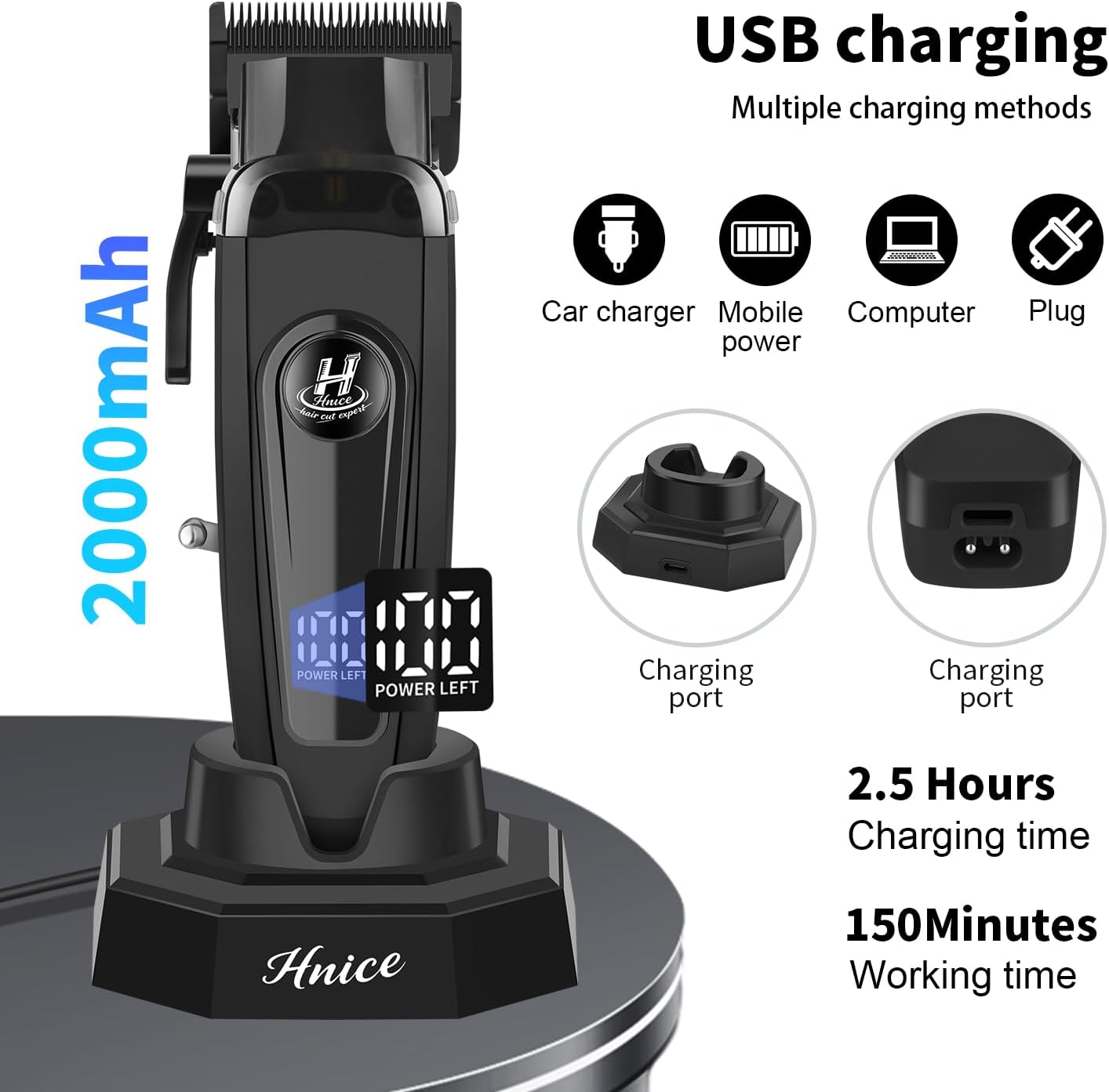 Professional Hair Clippers for Men - Cordless Barber Clippers with LED Display & 2000mAh Battery | 150 Mins Runtime, DLC Blade, 8 Guide Combs