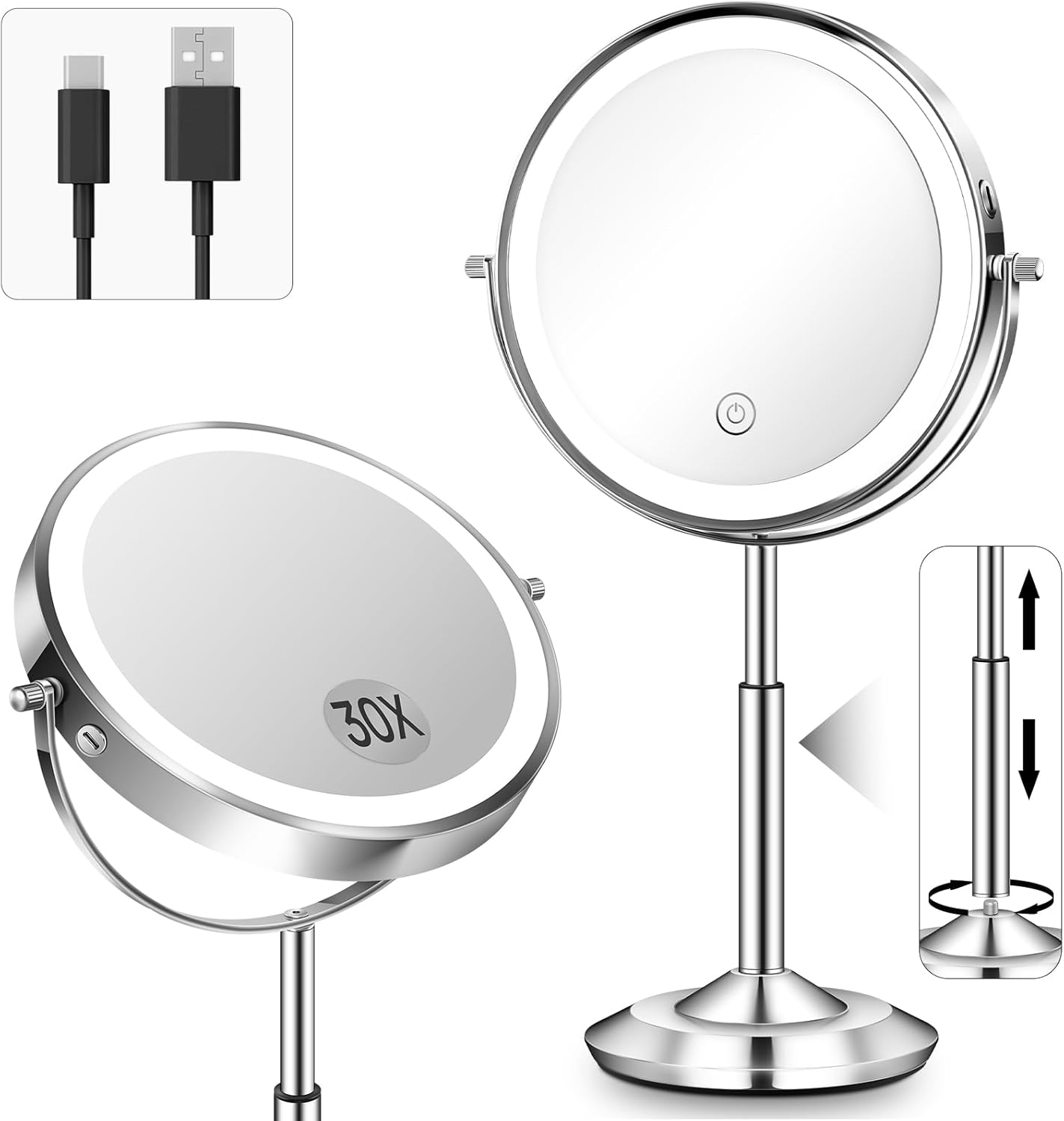 Lighted Makeup Mirror with Adjustable Height - 1X/30X Magnifying, 3000mAh Rechargeable, Dual-Sided Vanity Mirror with 3 LED Lighting Options | Perfect Gift for Women