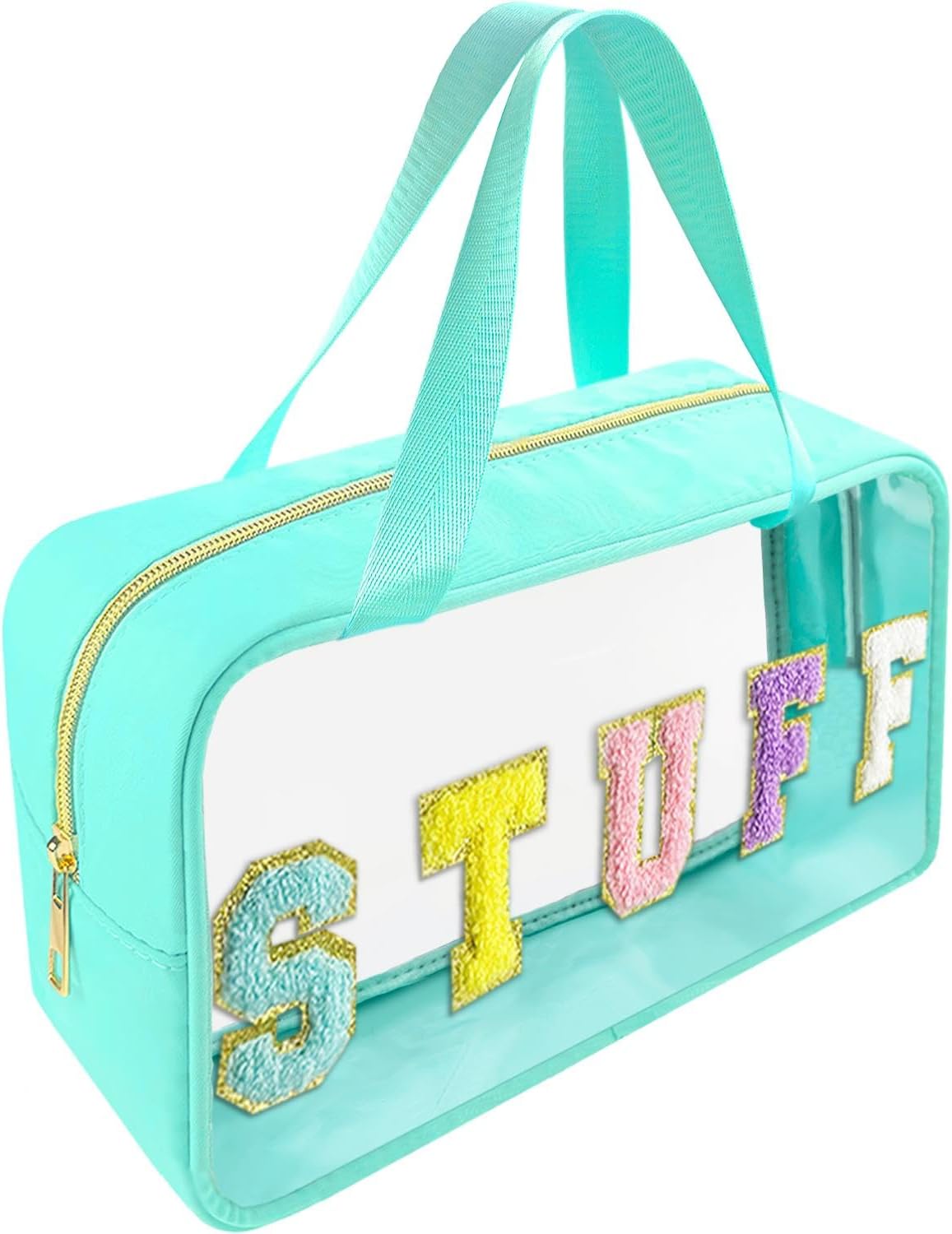 Chenille Letter Clear Makeup Bag - Waterproof Travel Toiletry Bag with Handle | Preppy Dance Patch Design (Black)