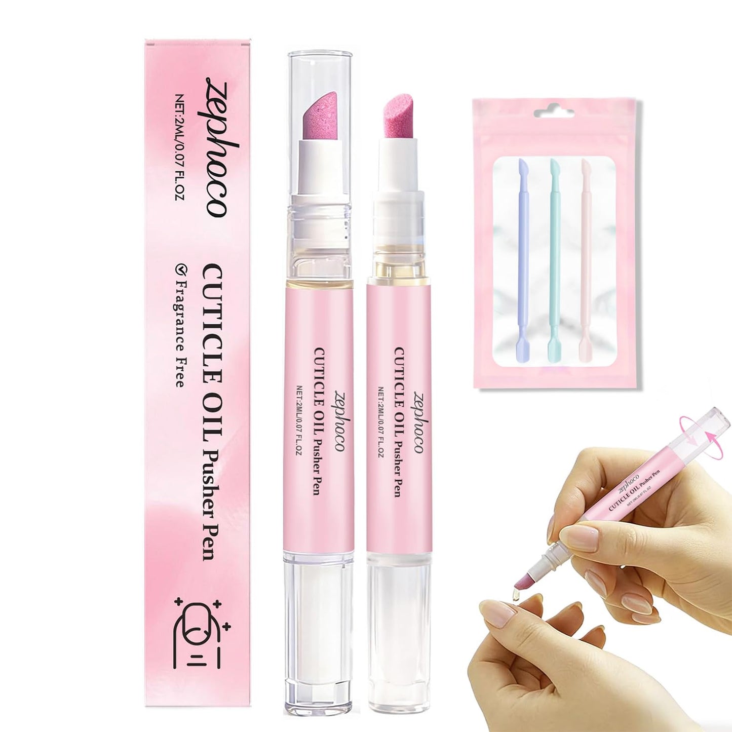 2Pcs Cuticle Oil Pusher Pen - Ceramic Cuticle Oil for Dry Nails & Cuticles, No Leak Travel Size Cuticle Pusher Pen, Moisturizing Nail Care Treatment for DIY Manicure & Salon Use (Pink)