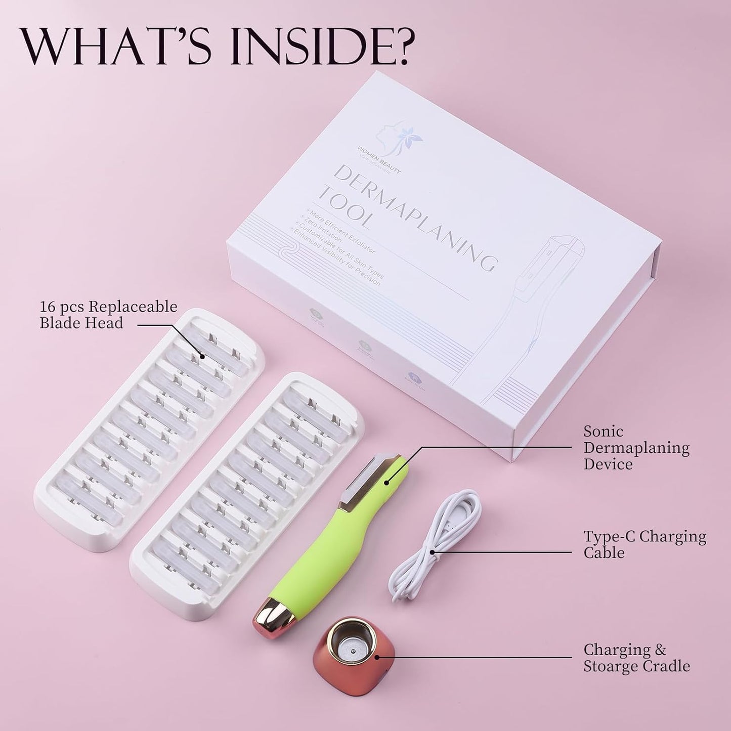 Sonic Dermaplaning Tool - Electric Facial Hair Remover & Exfoliating Razor | 8 Replacement Blades, Green