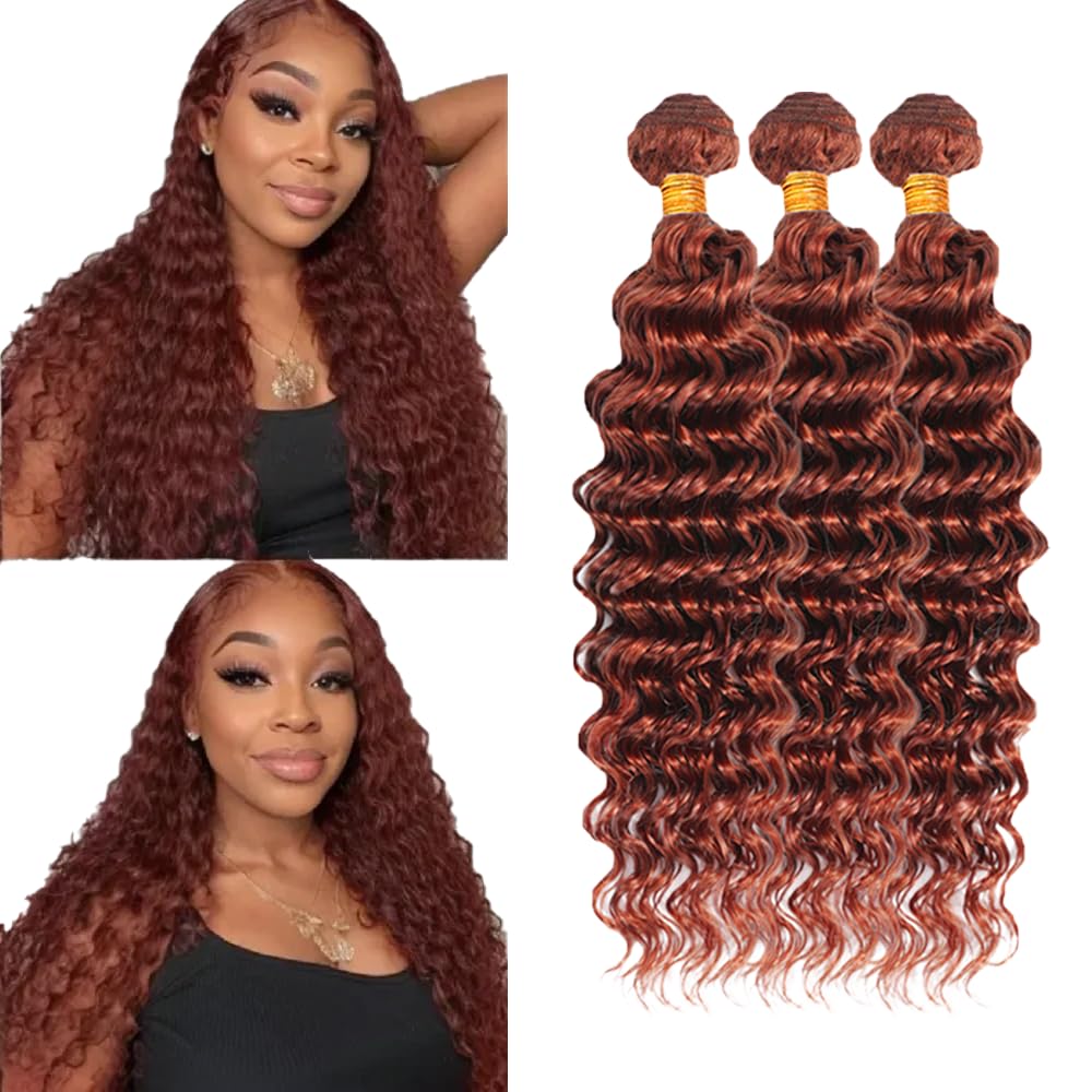 Huxowax Deep Wave #33 Copper Red Human Hair Extensions Doubles Weft Weave 3 Bundles Total 300g Unprocessed Human Hair Bundles Reddish Brown Color 14 16 18 Inch