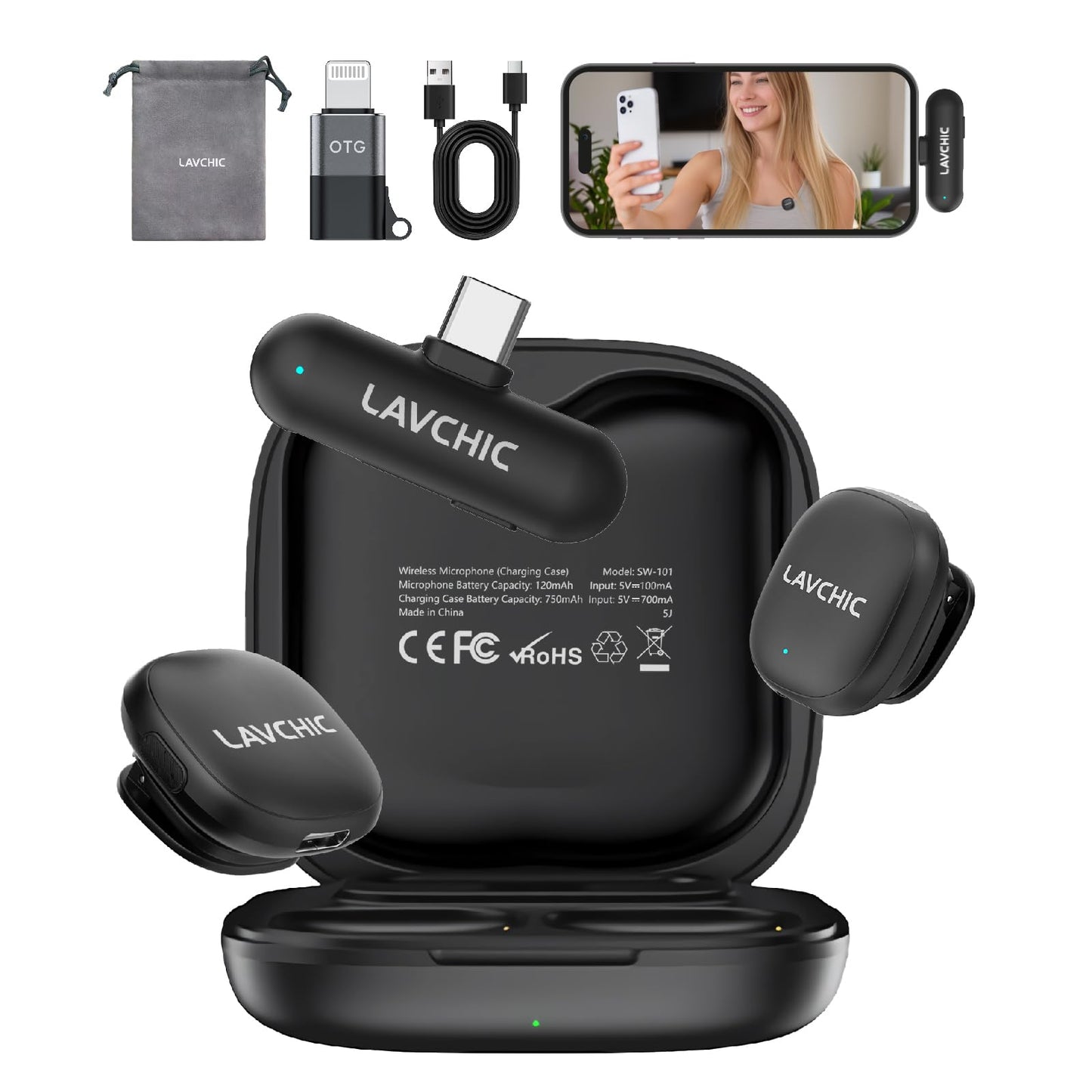 LavChic Mini Lavalier Microphone for iPhone Android Computer with Charging Case USB C Phone Mic for Vlogging Video Audio Recording Wireless Microphone AI Noise Reduction (Mini)