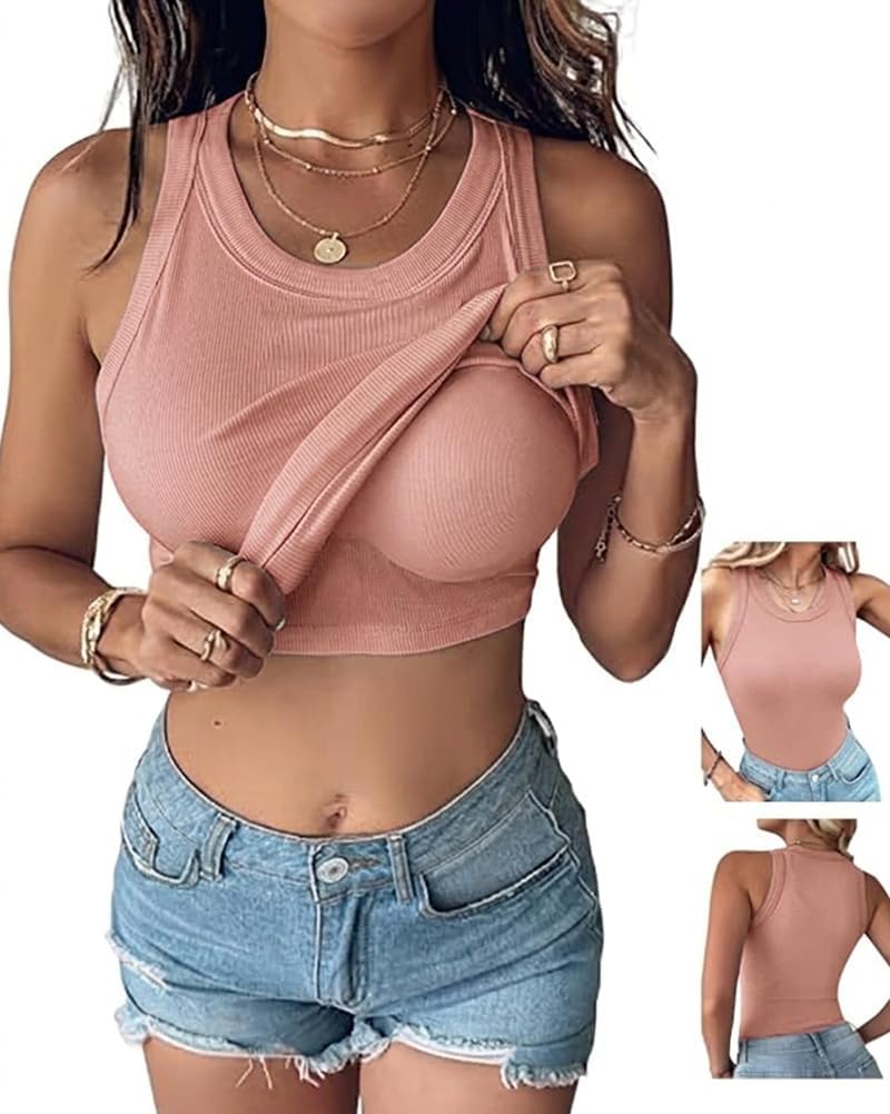 Women’s Built-In Bra Tank Top - Sleeveless Racerback Ribbed Fitted Shirt | Casual Style
