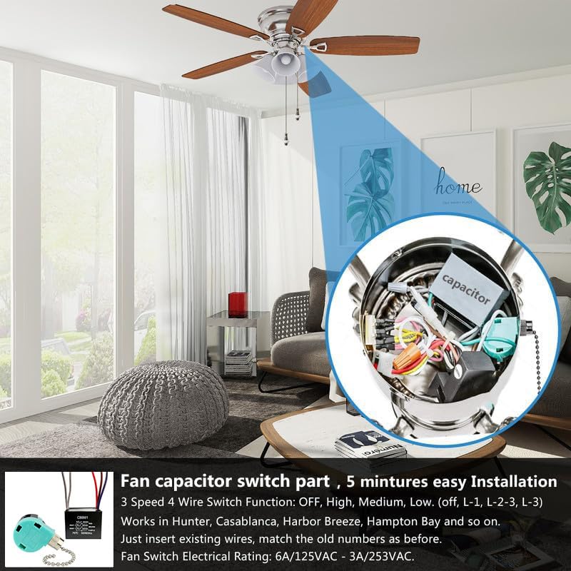 Ceiling Fan Switch Replacement Kit with Capacitor - 3 Speed Control