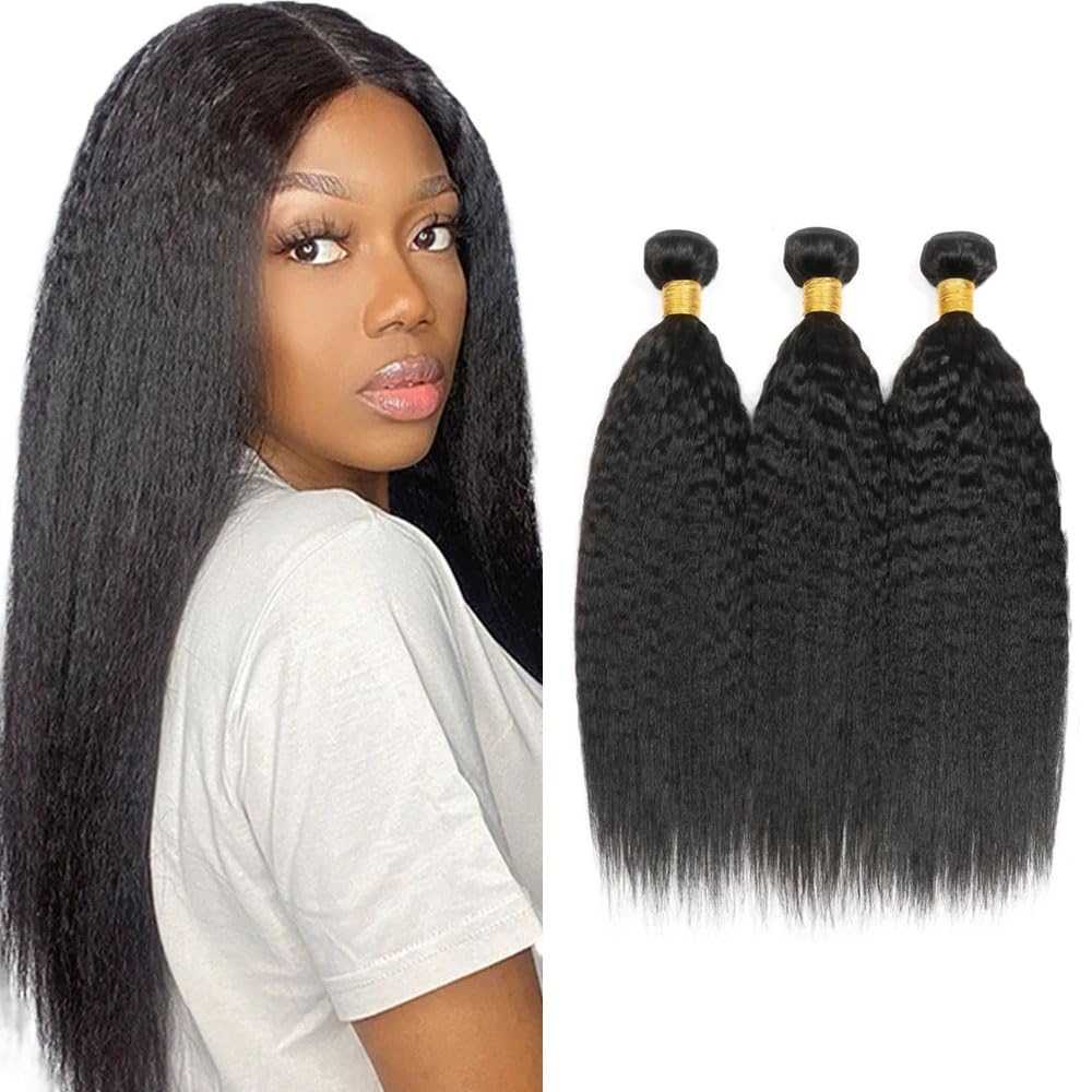 16 18 20 Inch Kinky Straight Bundles Human Hair 3 Bundles Brazilian Remy Hair 50 Grams/Bundle Unprocessed Virgin Hairs #1B Natural Black Color Yaki Straight Bundle Weaves Hair Extensions