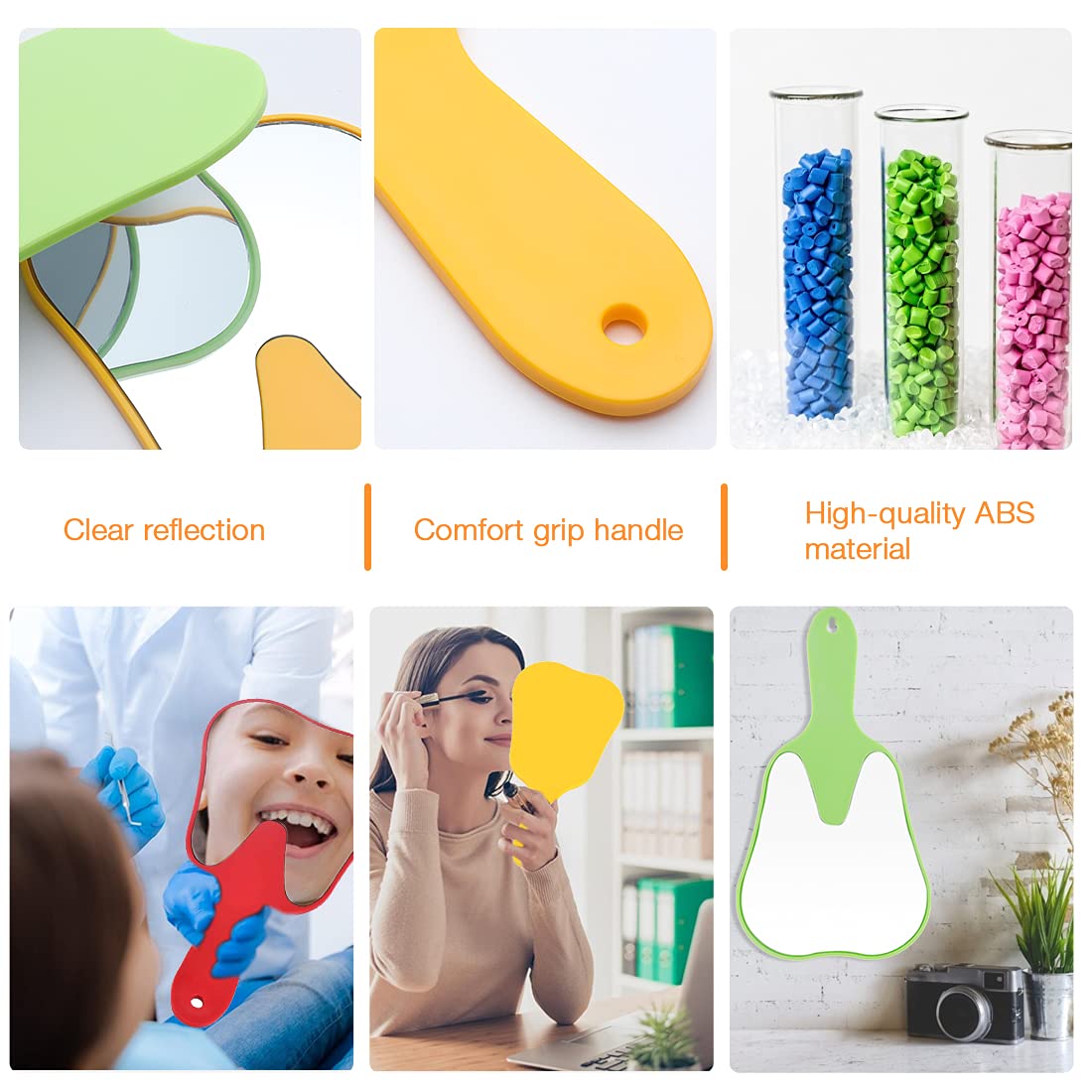LVCHEN Cute Tooth Shaped Plastic Hand Mirrors - Dental Handheld Mirror High-Definition Makeup Mirror with Handle Dental Office Decorations with A Hole for Oral Clinic Salon Barber（White