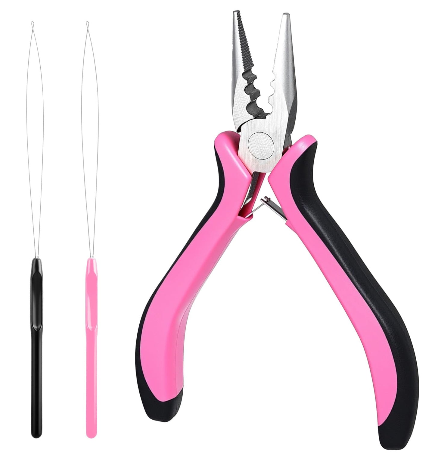 Hair Extension Pliers, 3-Hole Extension Pliers Reach Tool Set for Application Removal Tools Plier Loop Needle Pulling Hook Tool (Pink)