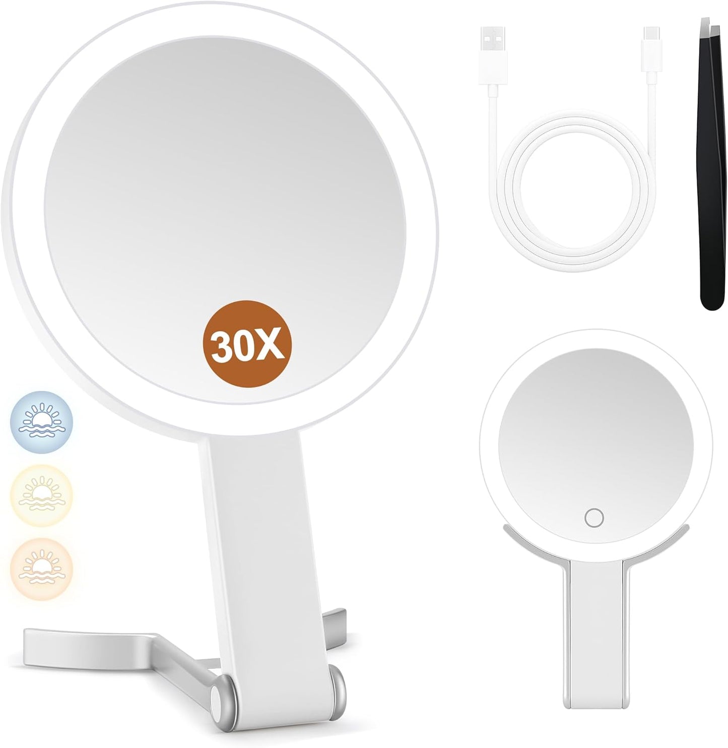 MIYADIVA Magnifying Makeup Mirror with Light - 30X/1X Double-Sided, Dimmable Touch Screen, Adjustable & Foldable | White