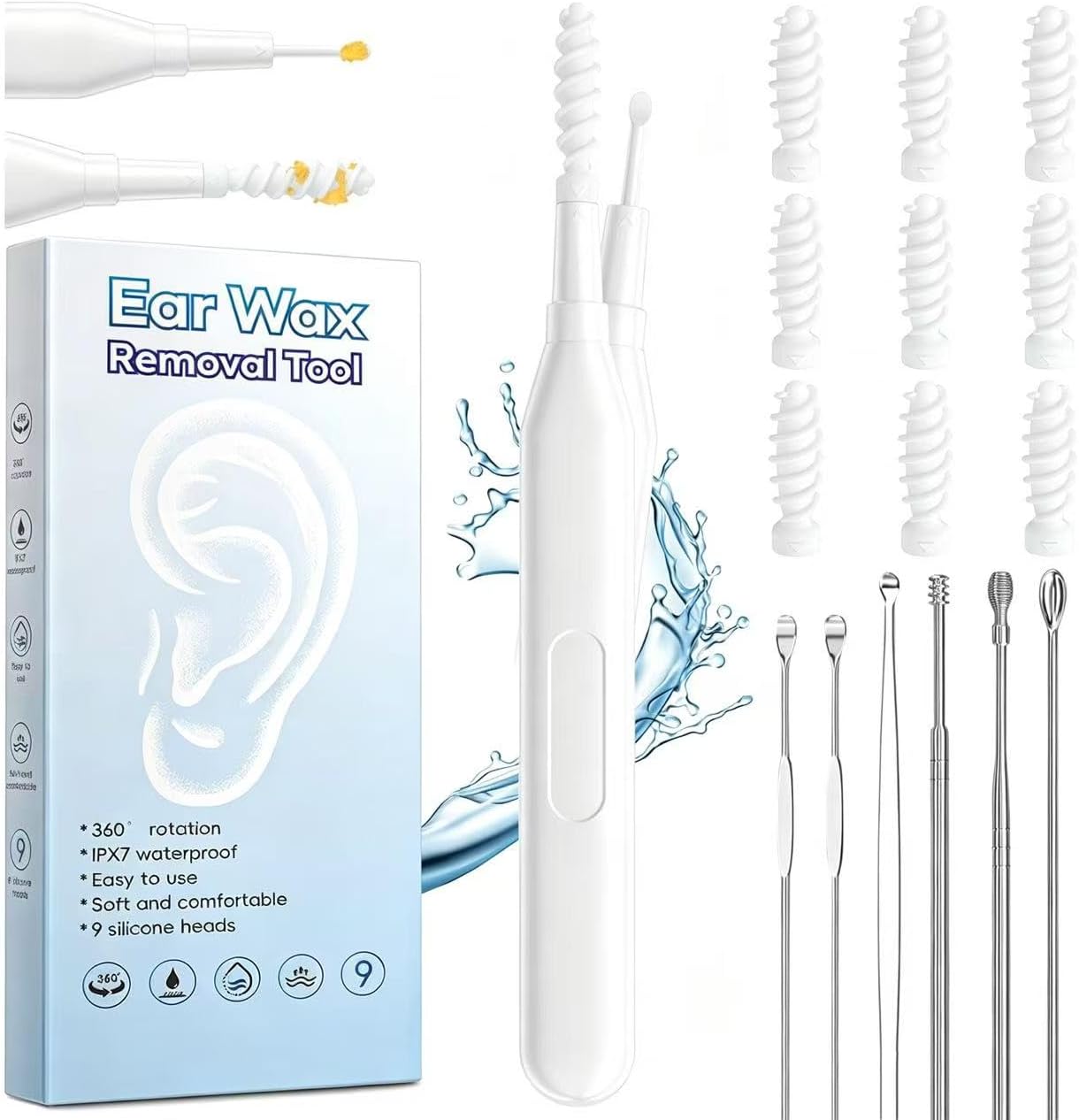 Ear Wax Removal Tool - Multifunctional Spiral Cleaner with 9 Tips | Washable Deep Cleaning Kit