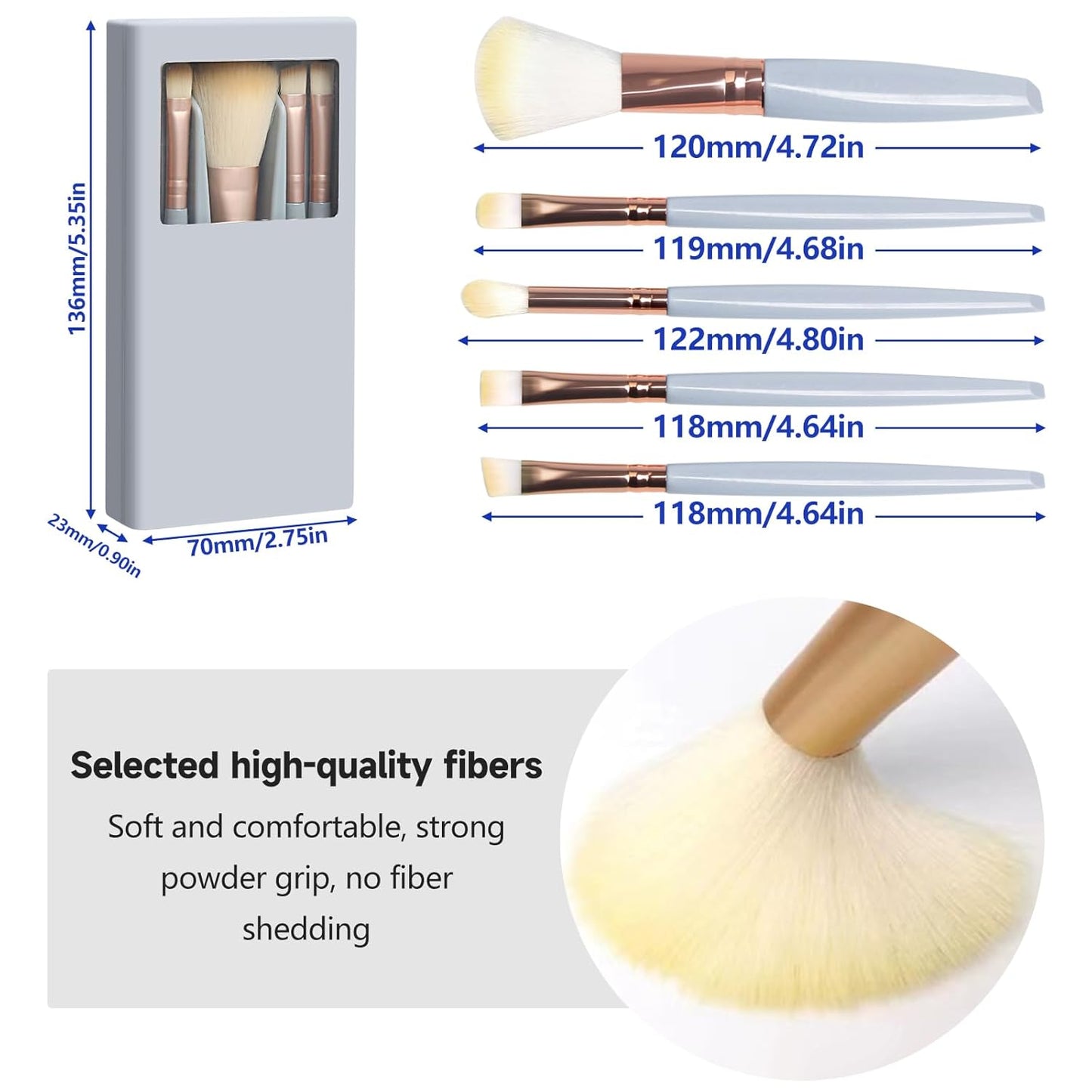 Travel Makeup Brush Set - Portable 5 PCS Mini Brushes with Mirror | Essential Cosmetic Tools for Eyeshadow & Contour (Blue)