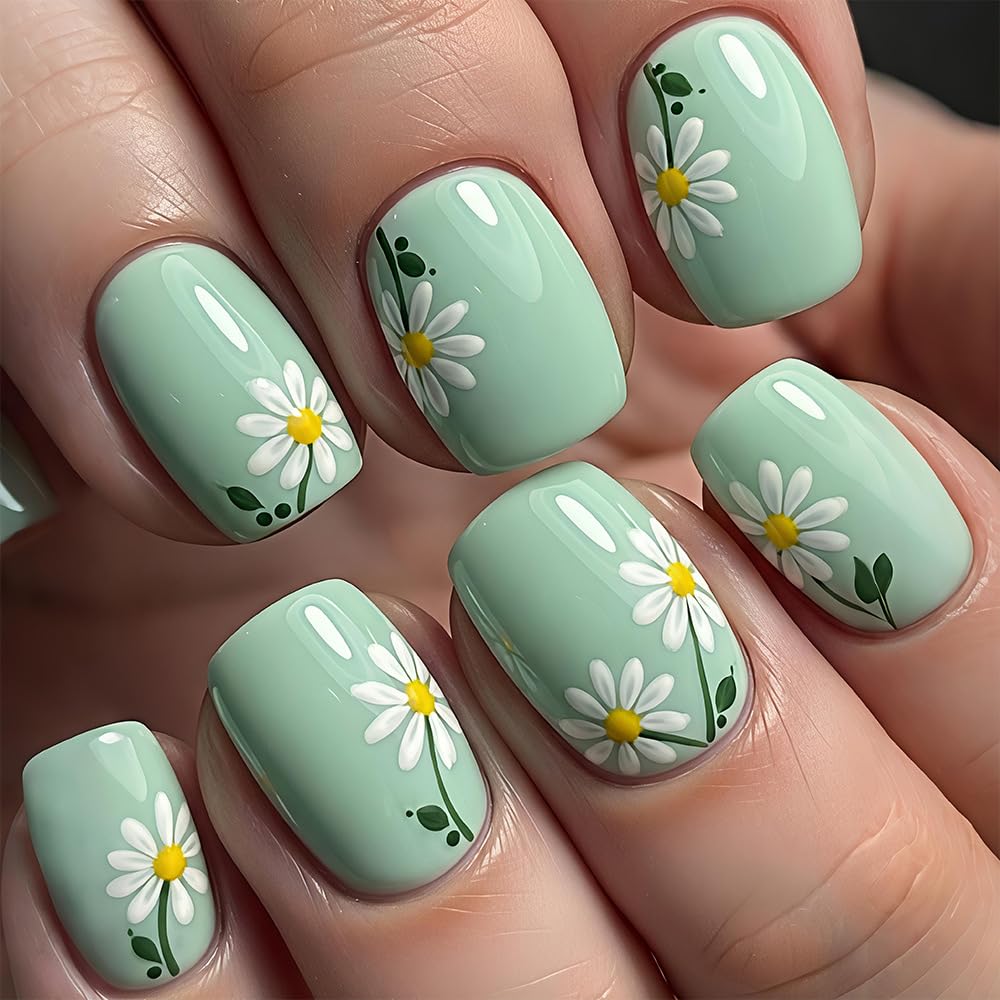 Summer Press-On Nails - Short Square Fake Nails with Sunset Coconut Trees Design | 24 Pcs Glossy Blue French Tips, Reusable Manicure