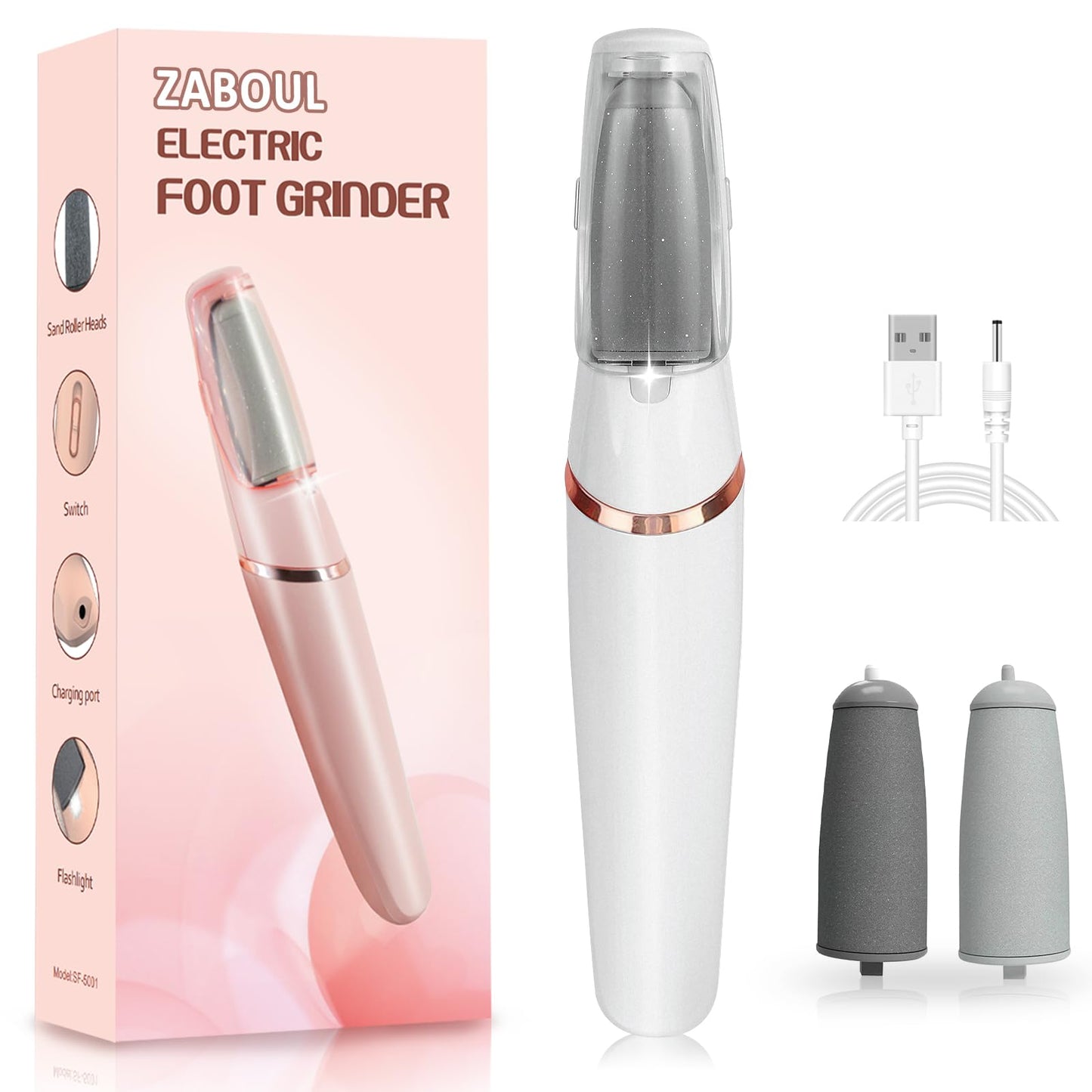 Electric Callus Remover for Feet, ZABOUL Electric Foot Filer Rechargeable Pedicure Tools Foot Grinder Smooth Pedicure Wand Feet Care for Removes Dry Hard & Dead Skin Ideal Gift - White