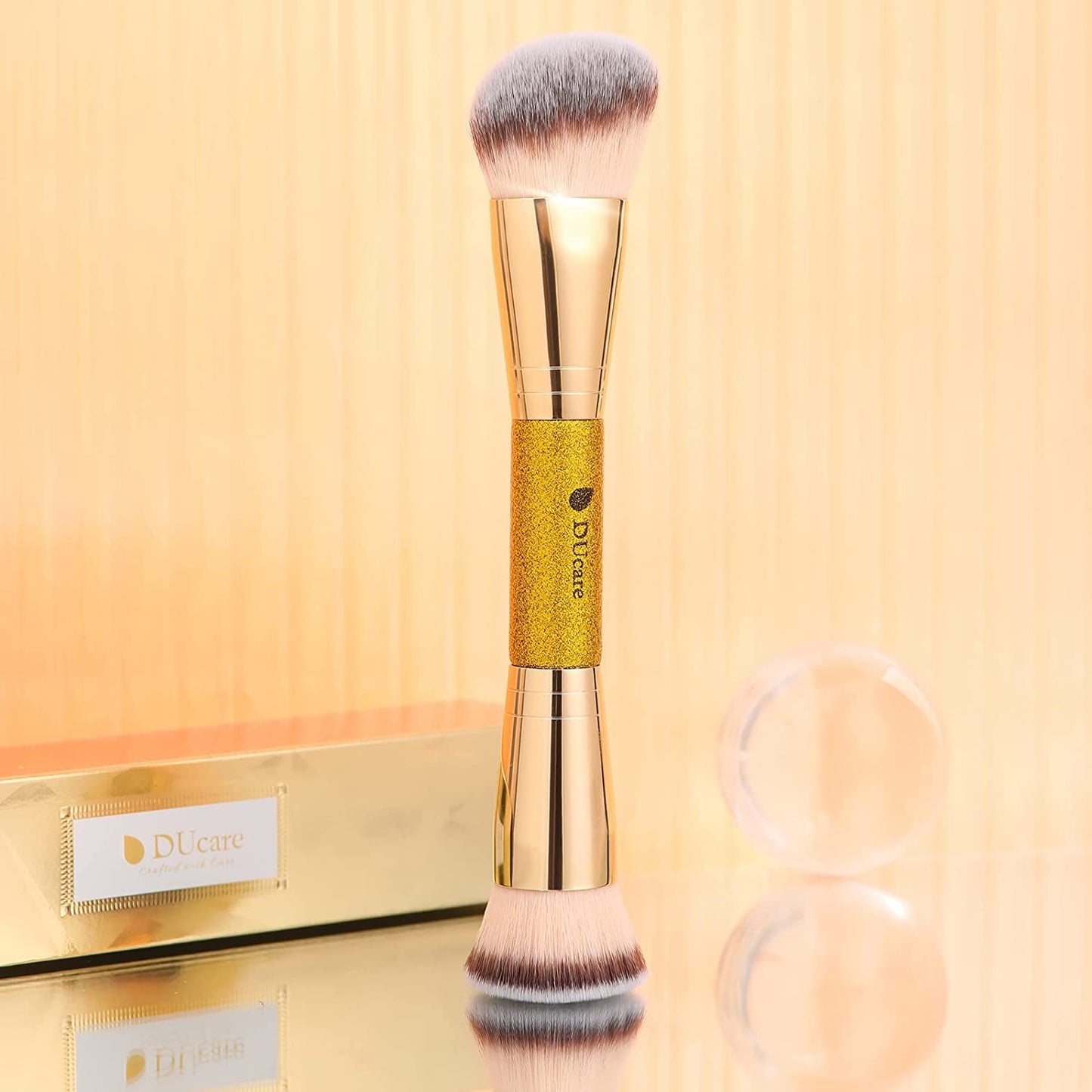 DUcare Dual End Foundation Brush - Professional Contour & Bronzer Tool for Liquid, Cream, & Powder Makeup | Gold Glitter Handle