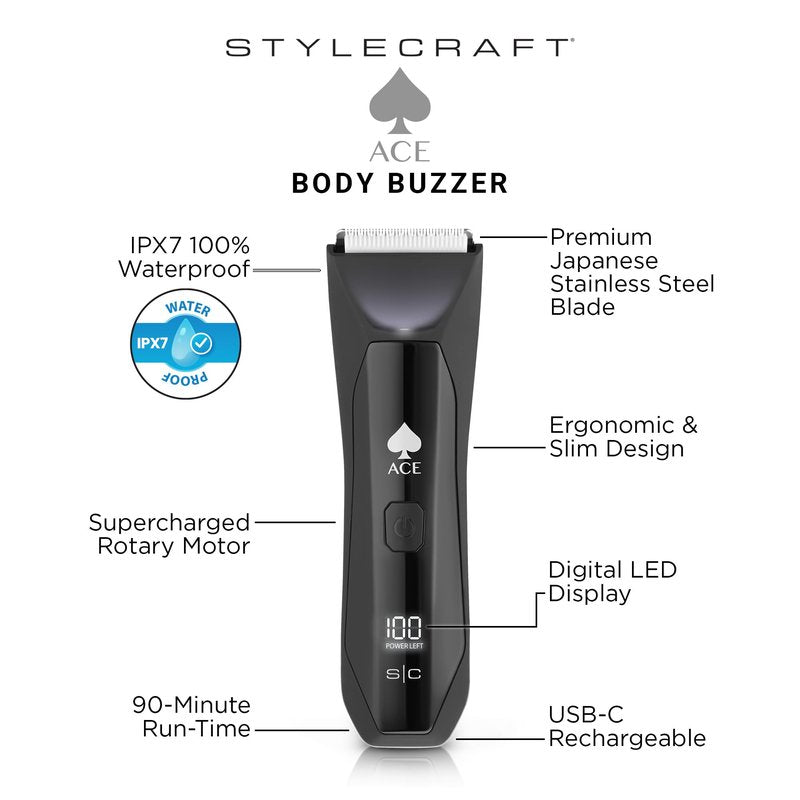 StyleCraft Ace Body Hair Trimmer Buzzer - 100% Waterproof Wet/Dry Full Body Hair Trimmer for Pubic Hair and Bikini Line, Precise Body Groomer for Men and Women