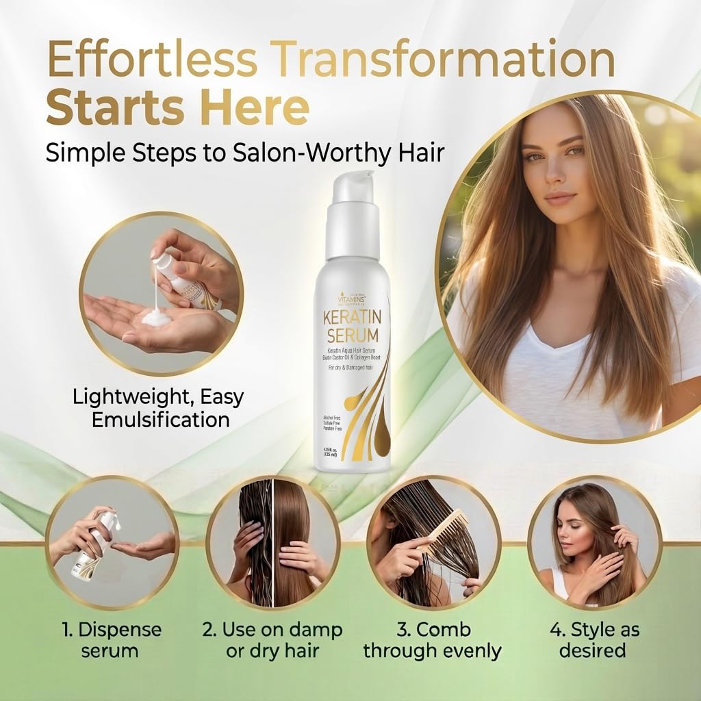 Keratin Hair Serum with Biotin, Castor Oil & Collagen - Anti-Frizz Leave-In Treatment for Dry, Damaged Hair | 4.25 fl oz (125mL)